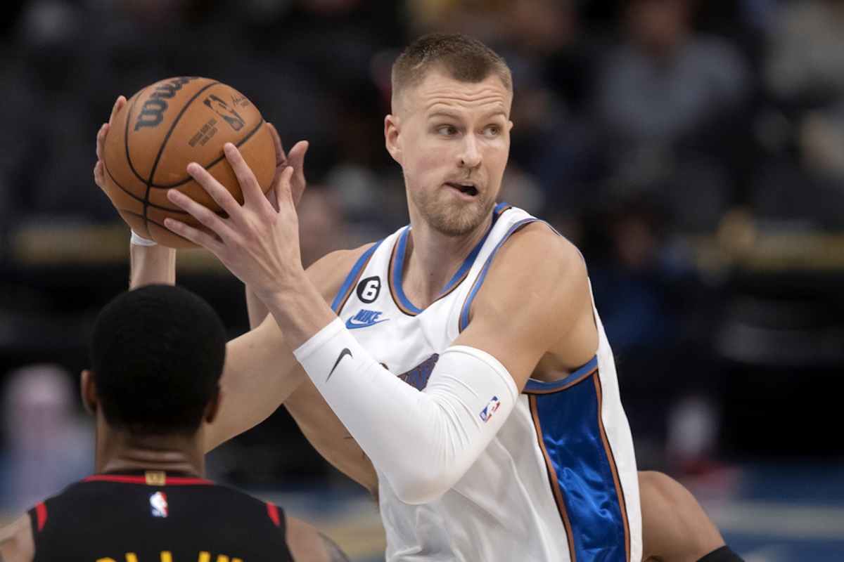epa10514486 Washington Wizards center Kristaps Porzingis looks to pass during the second half of the NBA basketball game between the Atlanta Hawks and Washington Wizards, at Capital One Arena, in Washington, DC, USA, 10 March 2023.  EPA