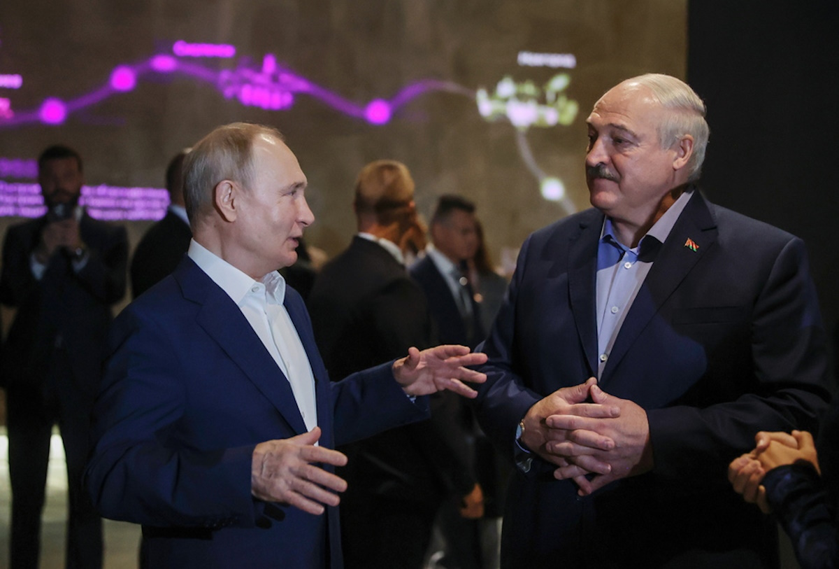 epa10763860 Russian President Vladimir Putin (L) and Belarusian President Alexander Lukashenko (R) during their visit the Museum of Naval Glory in Kronstadt outside in St. Petersburg, Russia, 23 July 2023. Alexander Lukashenko is on working visit to Russia.  EPA