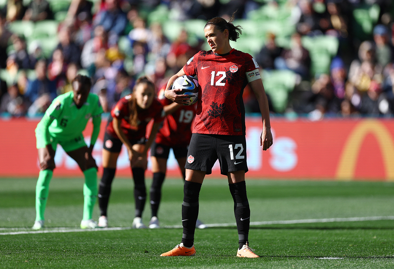 Soccer Football - FIFA Women’s World Cup Australia and New Zealand 2023 - Group B - Nigeria v Canada - Melbourne Rectangular Stadium, Melbourne, Australia - July 21, 2023
Canada's Christine Sinclair prepares to take a penalty kick REUTERS