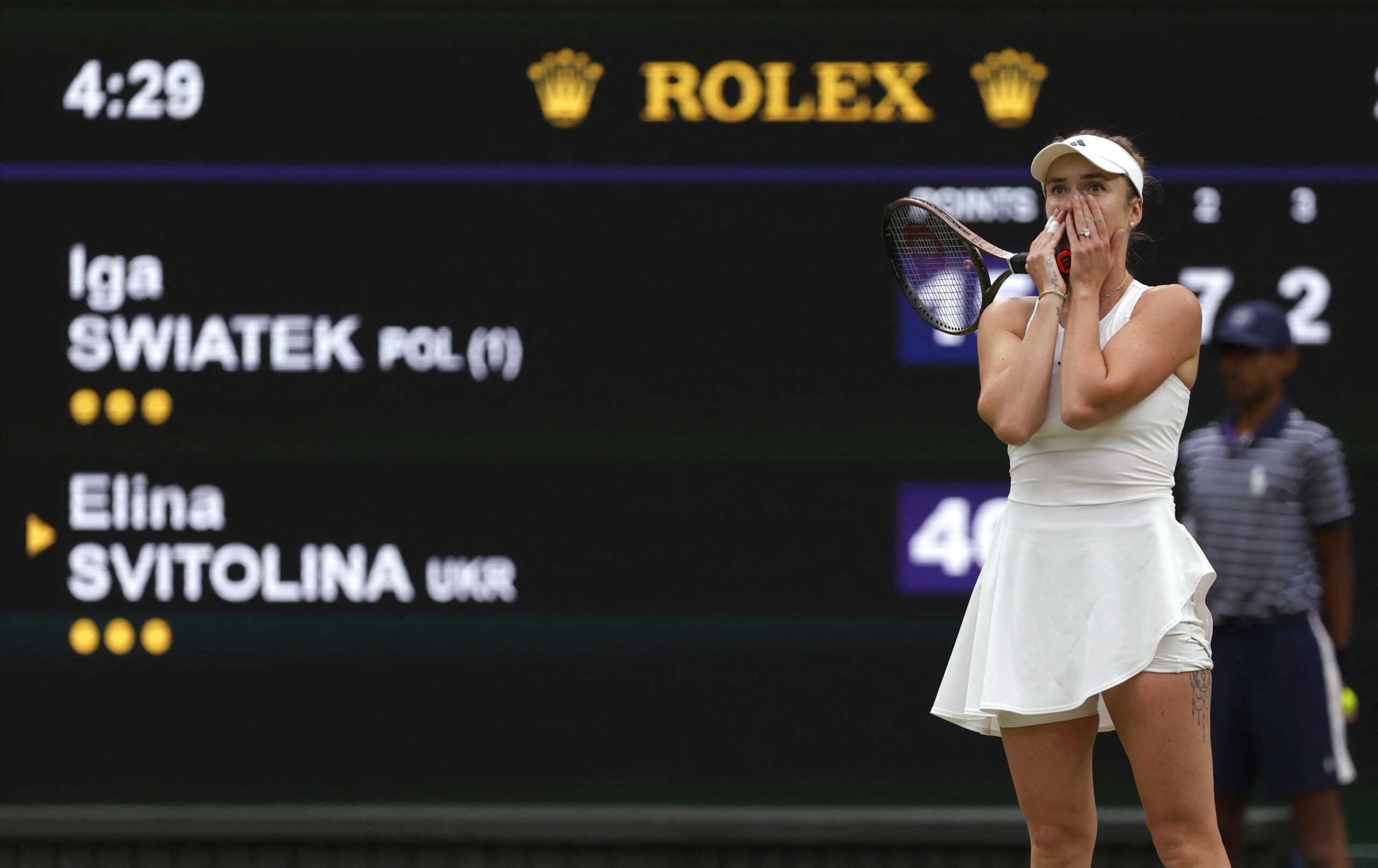 Tennis - Wimbledon - All England Lawn Tennis and Croquet Club, London, Britain - July 11, 2023 Ukraine's Elina Svitolina celebrates winning her quarter final match against Poland's Iga Swiatek REUTERS