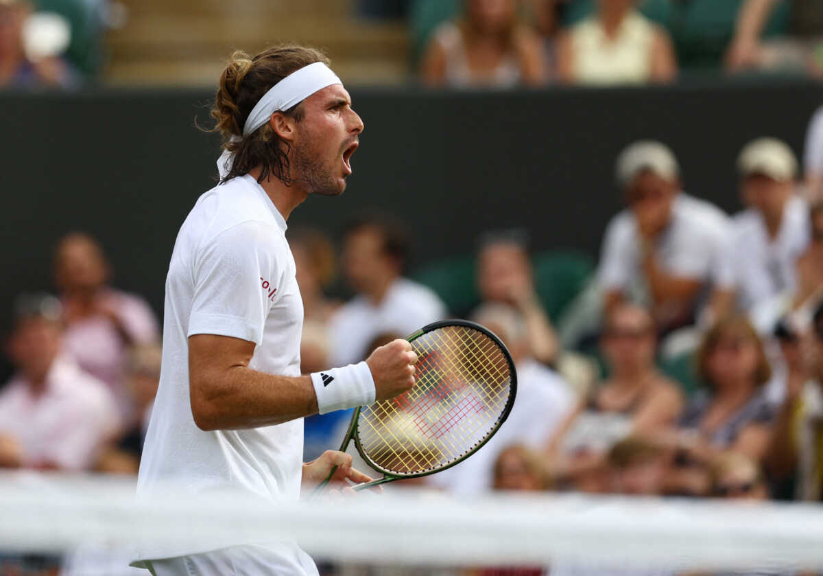 Tennis - Wimbledon - All England Lawn Tennis and Croquet Club, London, Britain - July 8, 2023 Greece's Stefanos Tsitsipas reacts during his third round match against Serbia's Laslo Djere REUTERS