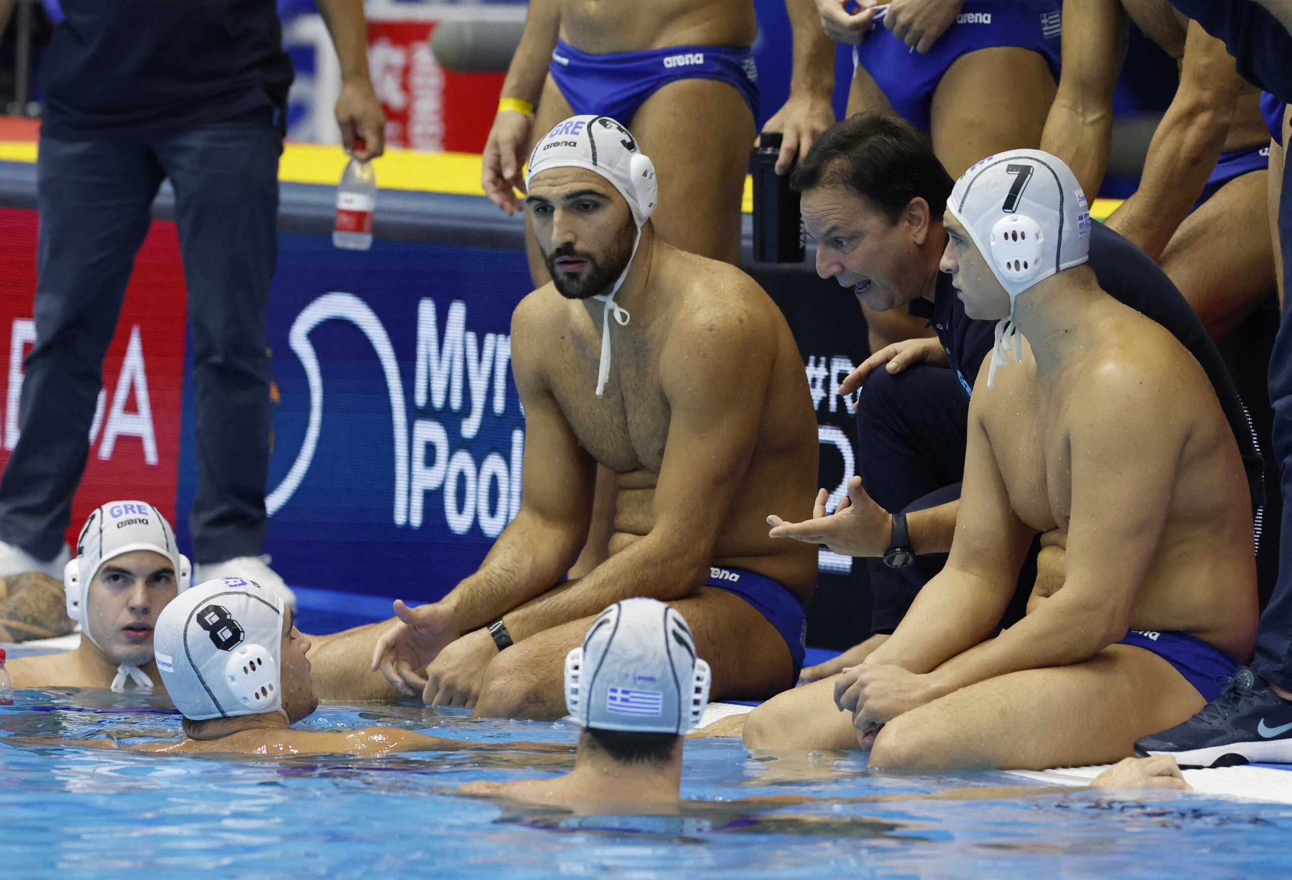 Fukuoka 2023 World Aquatics Championships - Water Polo - Men's Gold Medal Match - Greece v Hungary - Marine Messe Fukuoka Hall B, Fukuoka, Japan - July 29, 2023 Greece coach Theodoros Vlachos gives instructions to his players REUTERS