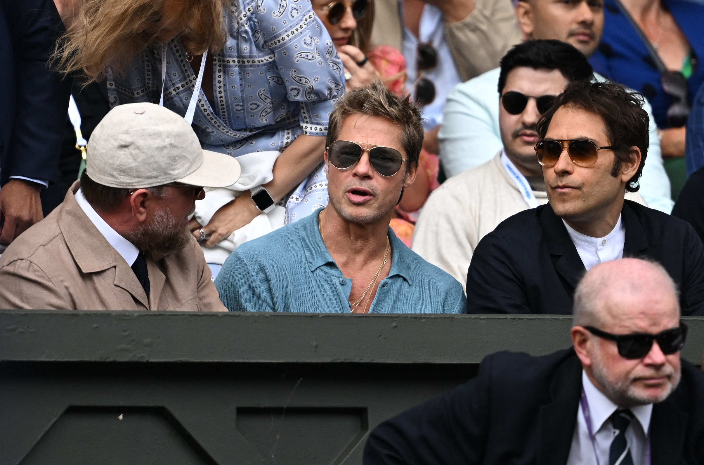 Tennis - Wimbledon - All England Lawn Tennis and Croquet Club, London, Britain - July 16, 2023 Film director Guy Ritchie and actor Brad Pitt in the stands during the men's singles final REUTERS