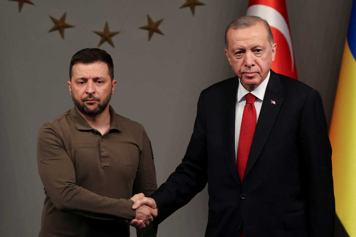 Turkish President Tayyip Erdogan and Ukrainian President Volodymyr Zelenskiy shake hands as they attend a press conference in Istanbul, Turkey, July 8, 2023. REUTERS