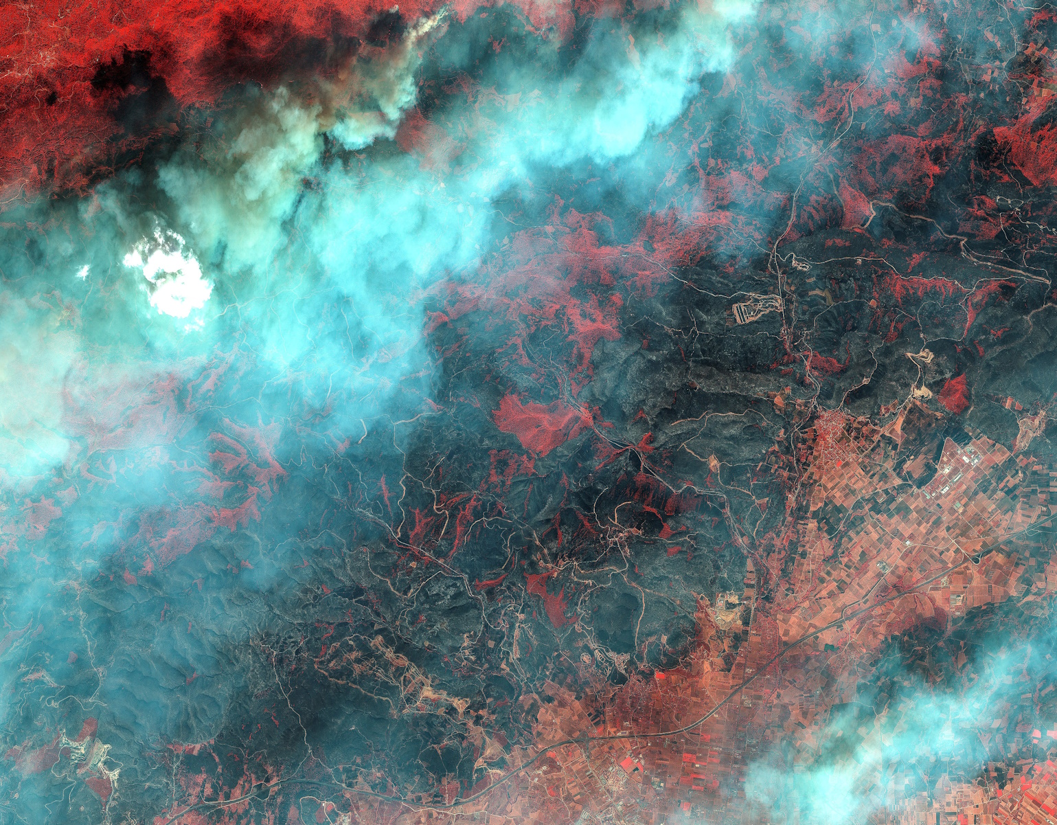 A satellite image shows a coloured infrared overview of wildfires in Alexandroupolis, Greece, August 23, 2023.   Maxar Technologies