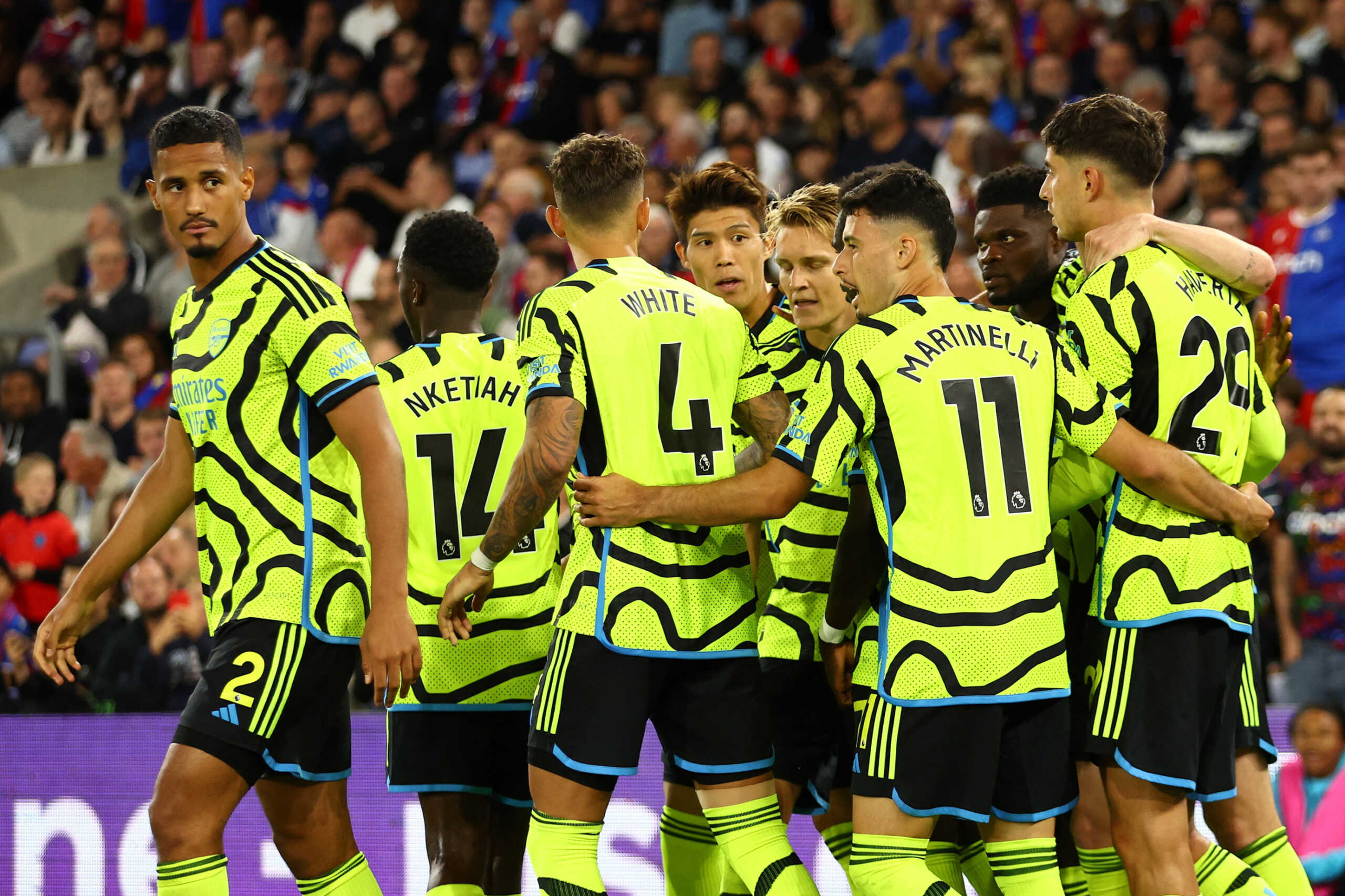 Soccer Football - Premier League - Crystal Palace v Arsenal - Selhurst Park, London, Britain - August 21, 2023 Arsenal's Martin Odegaard celebrates scoring their first goal with teammates Action Images via Reuters