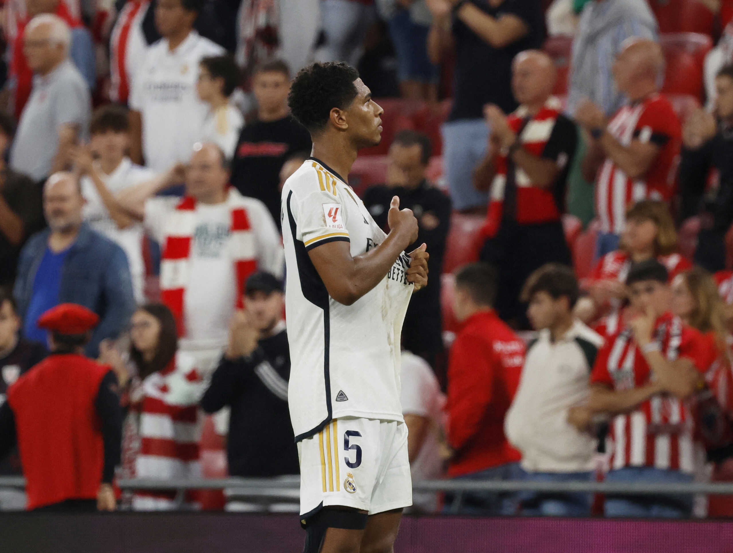 Soccer Football - Spain - LaLiga - Athletic Bilbao v Real Madrid - San Mames, Bilbao, Spain - August 12, 2023 Real Madrid's Jude Bellingham celebrates after the match REUTERS
