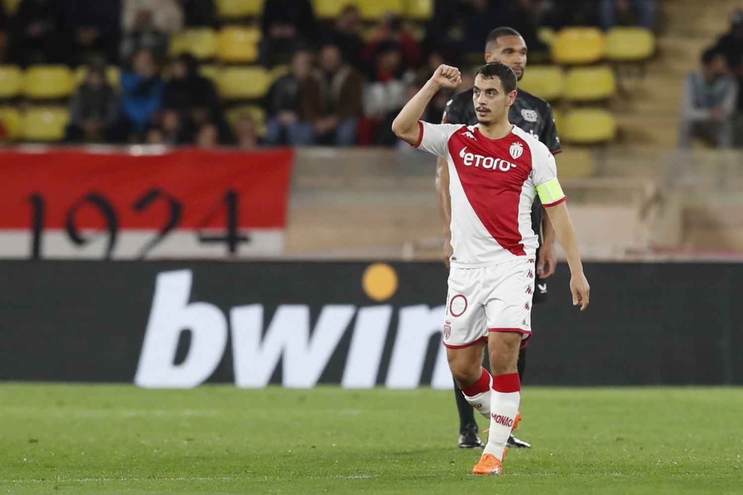 epa10486043 Wissam Ben Yedder of AS Monaco celebrates after scoring a goal during the UEFA Europa League play-off, 2nd leg match between AS Monaco and Bayer Leverkusen in Monaco, 23 February 2023.  EPA