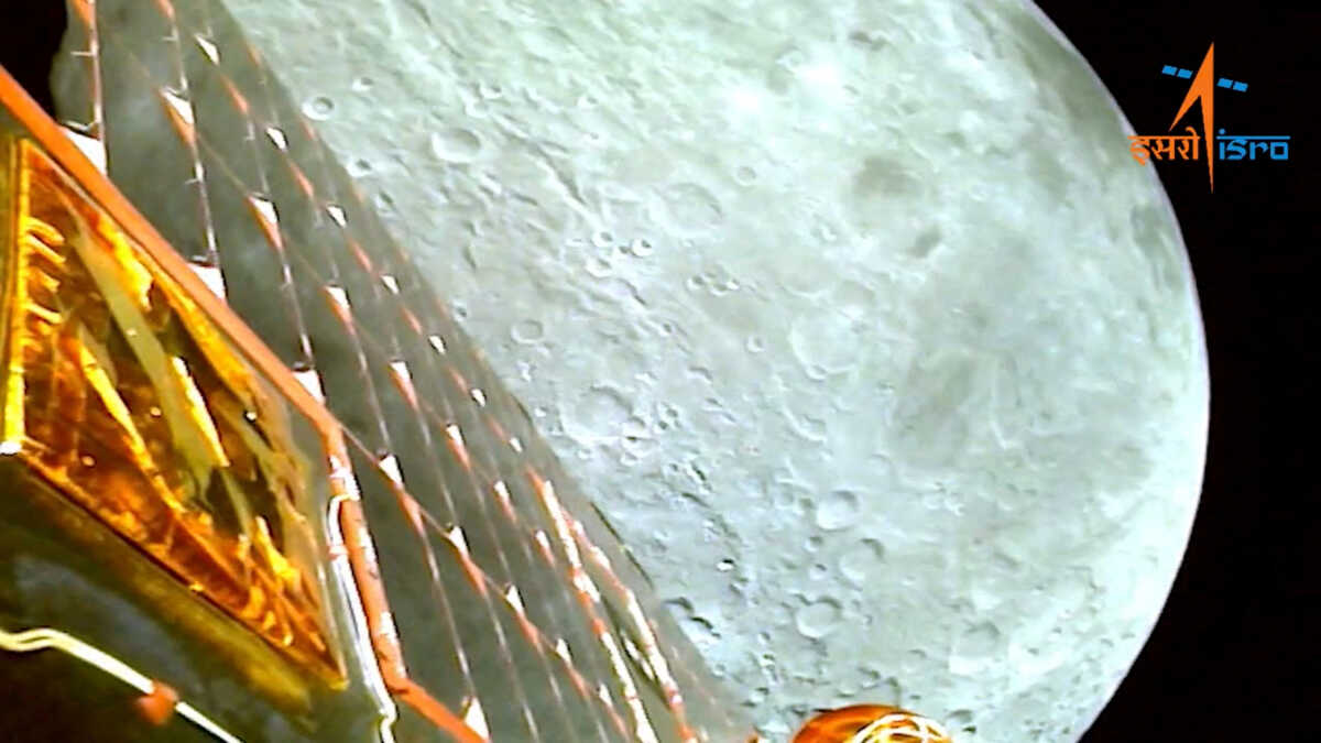 FILE PHOTO: A view of the moon as viewed by the Chandrayaan-3 lander during Lunar Orbit Insertion on August 5, 2023 in this screengrab from a video released August 6, 2023.    ISRO