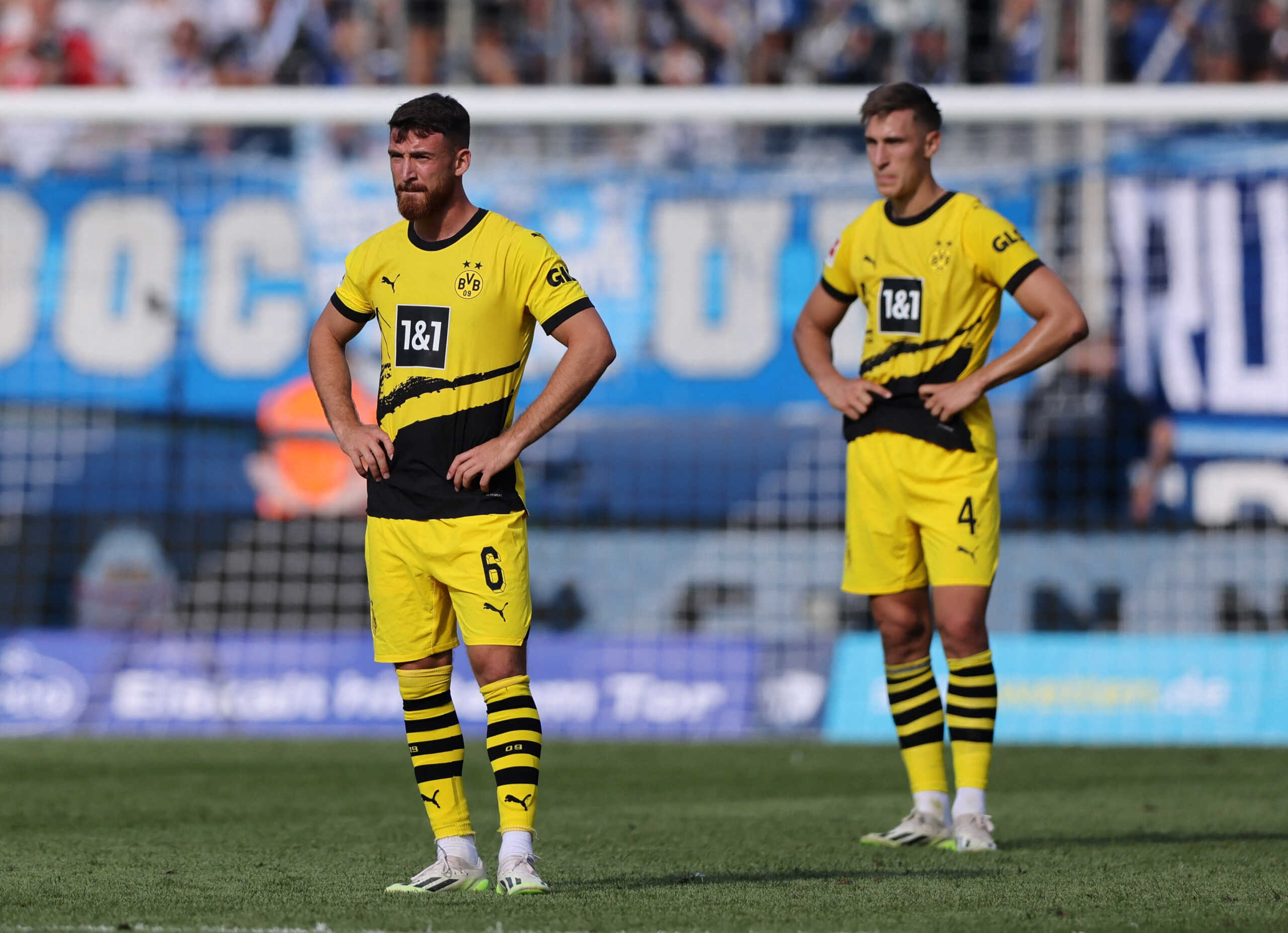 Soccer Football - Germany - Bundesliga - VfL Bochum v Borussia Dortmund - Ruhrstadion, Bochum, Germany - August 26, 2023 Borussia Dortmund's Salih Ozcan and Nico Schlotterbeck look dejected REUTERS