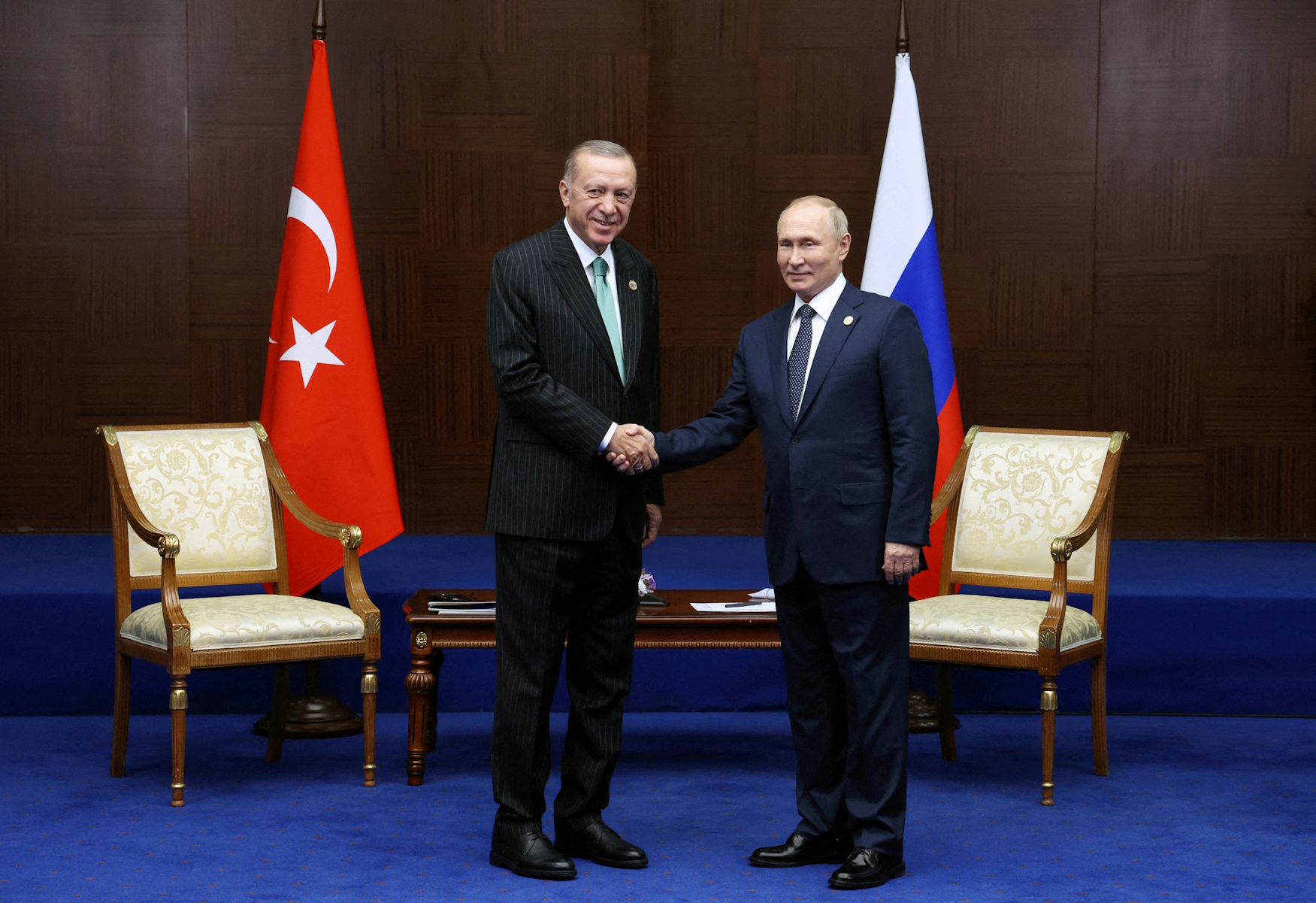 FILE PHOTO: Russian President Vladimir Putin and Turkish President Tayyip Erdogan meet on the sidelines of the 6th summit of the Conference on Interaction and Confidence-building Measures in Asia (CICA), in Astana, Kazakhstan October 13, 2022.   Sputnik
