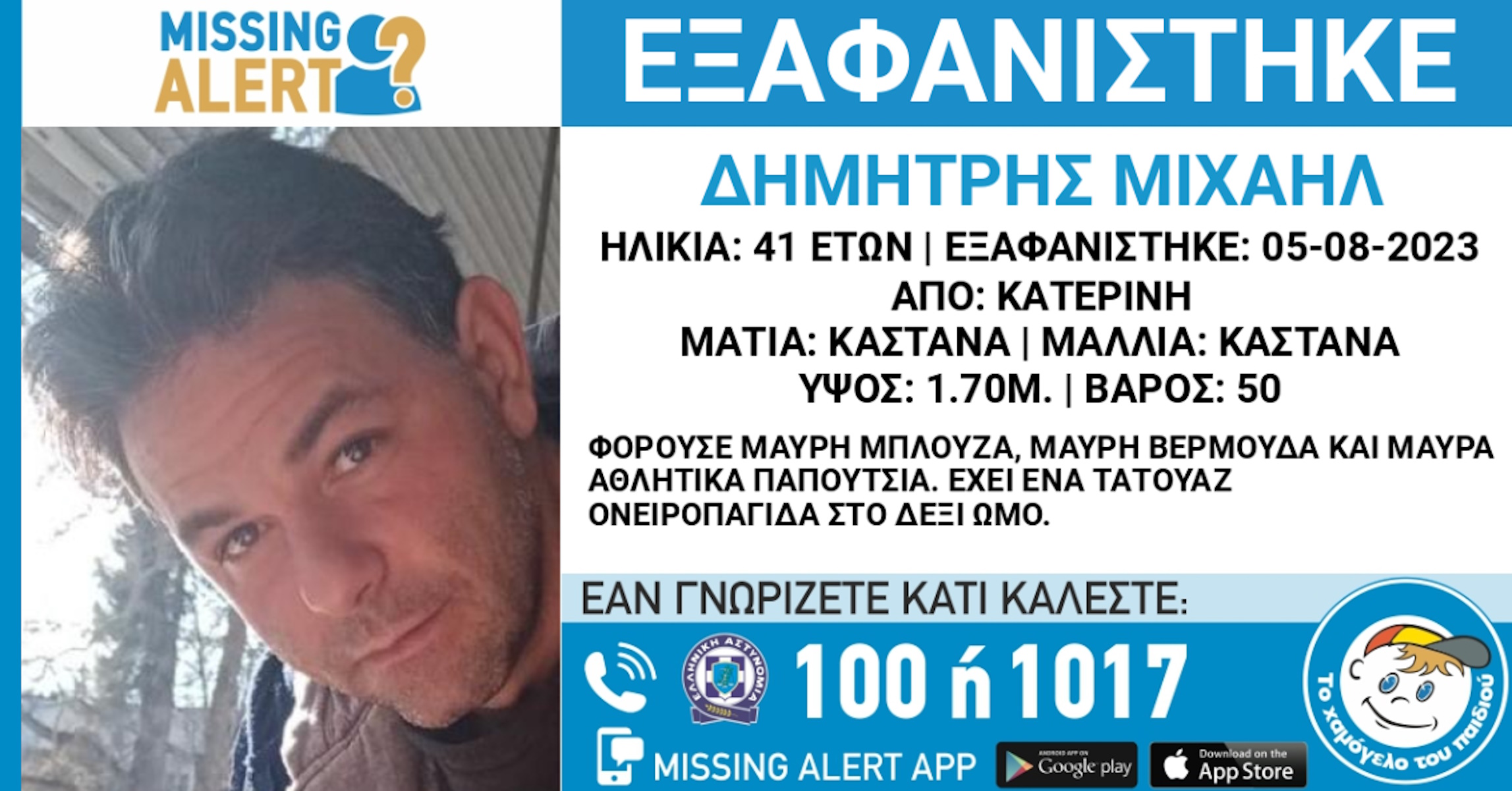 Εξαφάνιση 41χρονου στην Κατερίνη – Η ανακοίνωση από το «Χαμόγελο του Παιδιού»