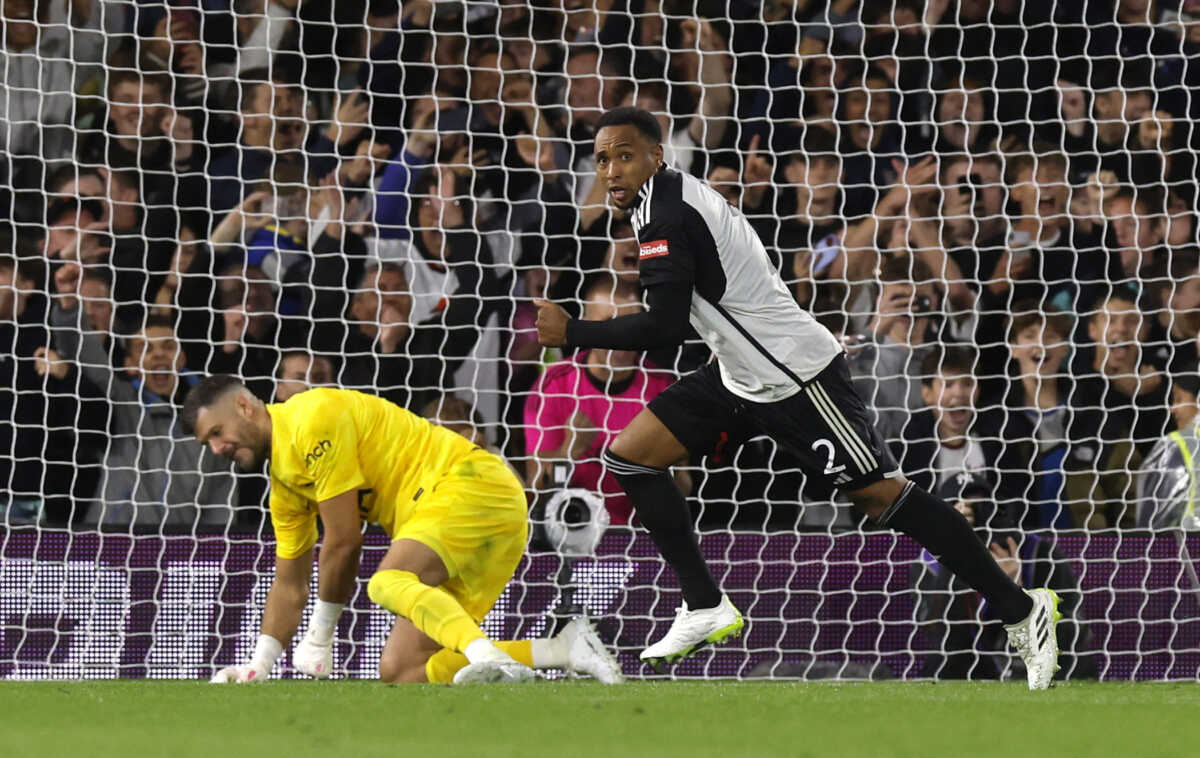 Soccer Football - Carabao Cup Second Round - Fulham v Tottenham Hotspur - Craven Cottage, London, Britain - August 29, 2023 Fulham's Kenny Tete celebrates after scoring the winning penalty during the shoot-out Action Images via Reuters