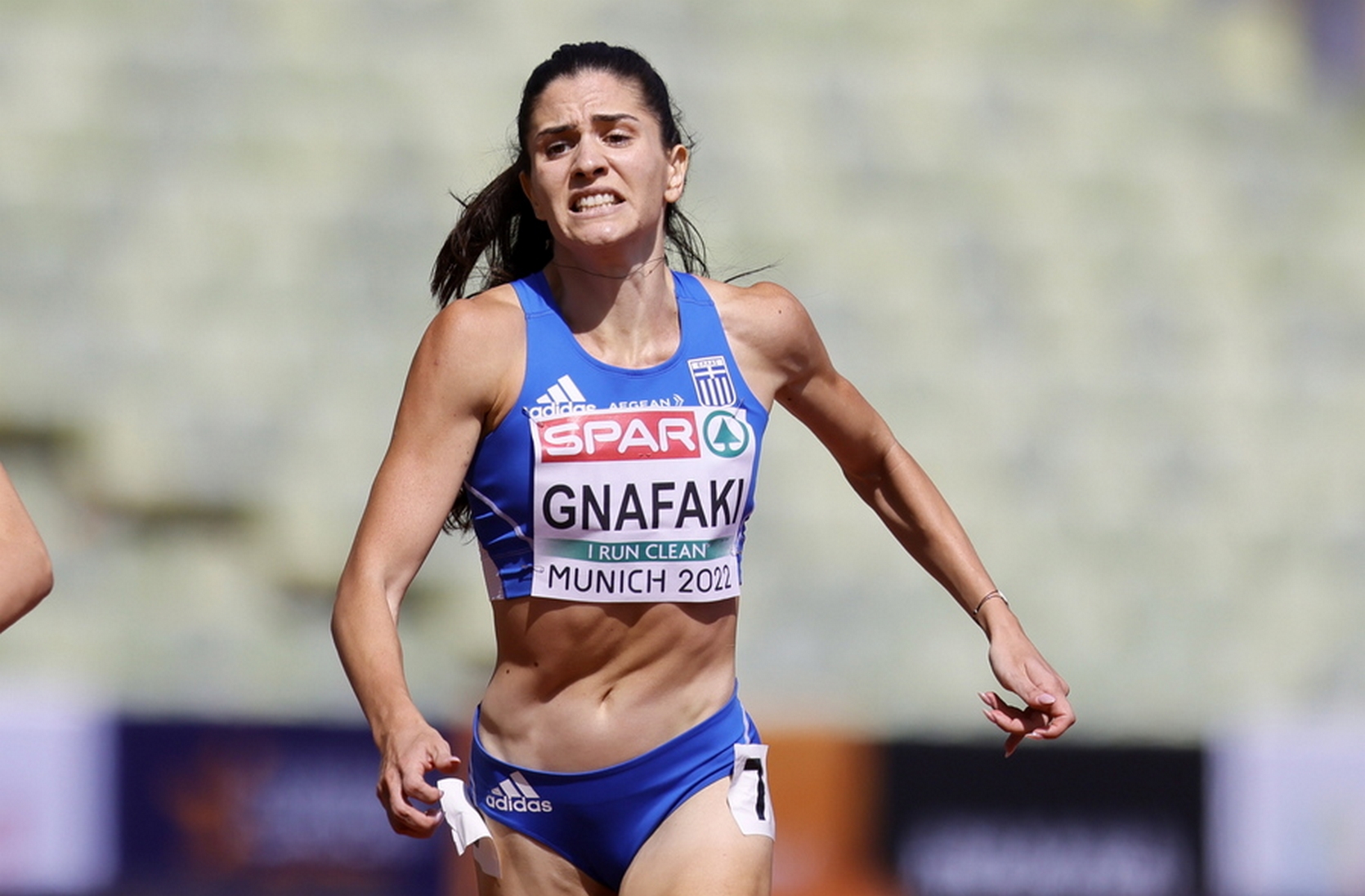epa10125396 Dimitra Gnafaki of Greece competes in the Women's 400m Hurdles Round 1 Heat in the Athletics events at the European Championships Munich 2022, in Munich, Germany, 17 August 2022.  EPA