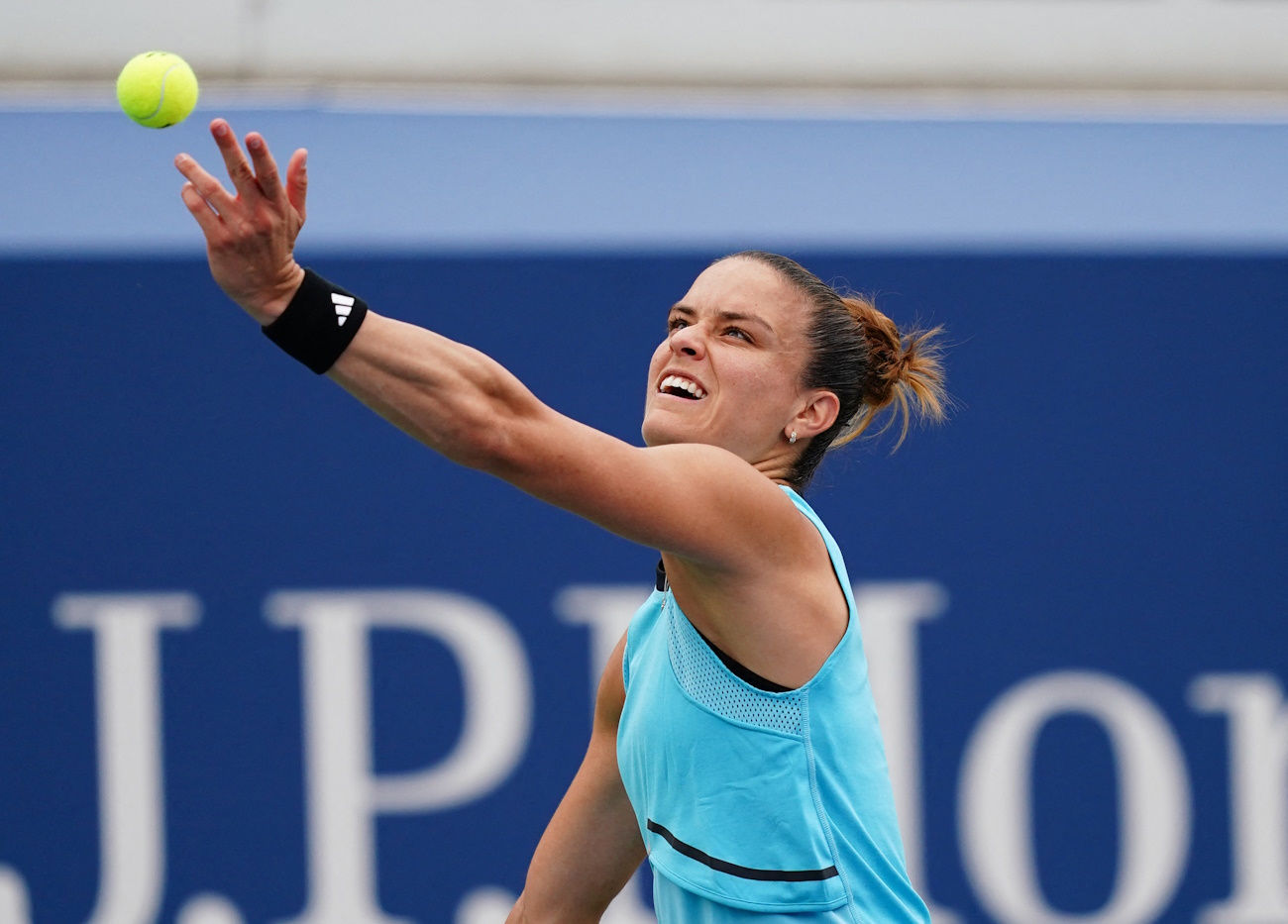 Aug 28, 2023; Flushing, NY, USA;   Maria Sakkari of Greece in action against Rebeka Masarova of Spain on day one of the 2023 U.S. Open tennis tournament at the USTA Billie Jean King National Tennis Center. Mandatory Credit: Jerry Lai-USA TODAY Sports