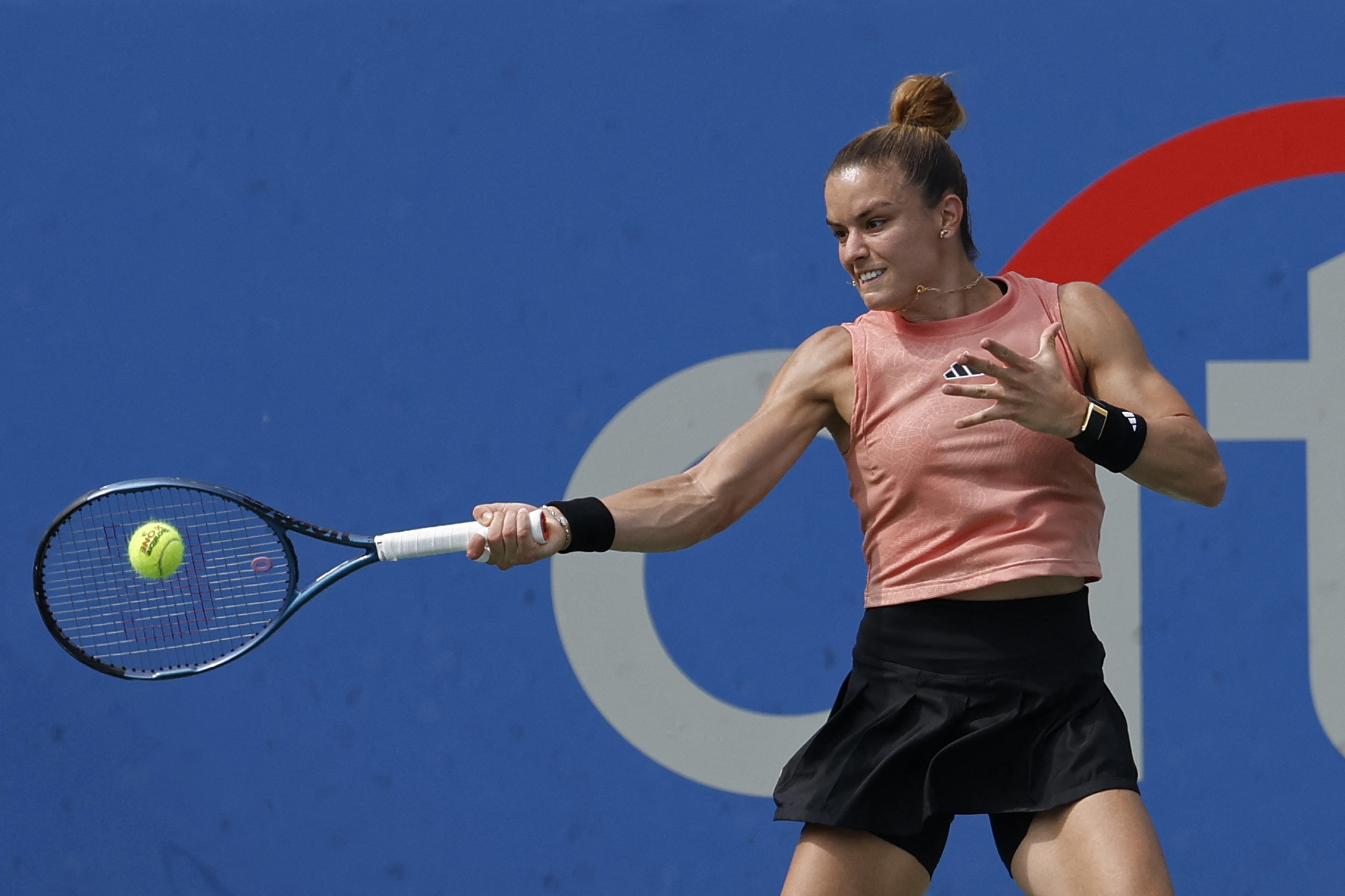 Aug 6, 2023; Washington, D.C., USA; Maria Sakkari (GRE) hits a forehand against Coco Gauff (USA) (not pictured) in the women's singles final on day nine of the Mubadala Citi DC Open at Fitzgerald Tennis Stadium. Mandatory Credit: Geoff Burke-USA TODAY Sports