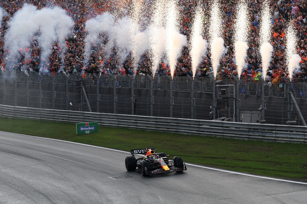 Formula One F1 - Dutch Grand Prix - Circuit Zandvoort, Zandvoort, Netherlands - August 27, 2023 Red Bull's Max Verstappen after crossing the line to win the Dutch Grand Prix REUTERS