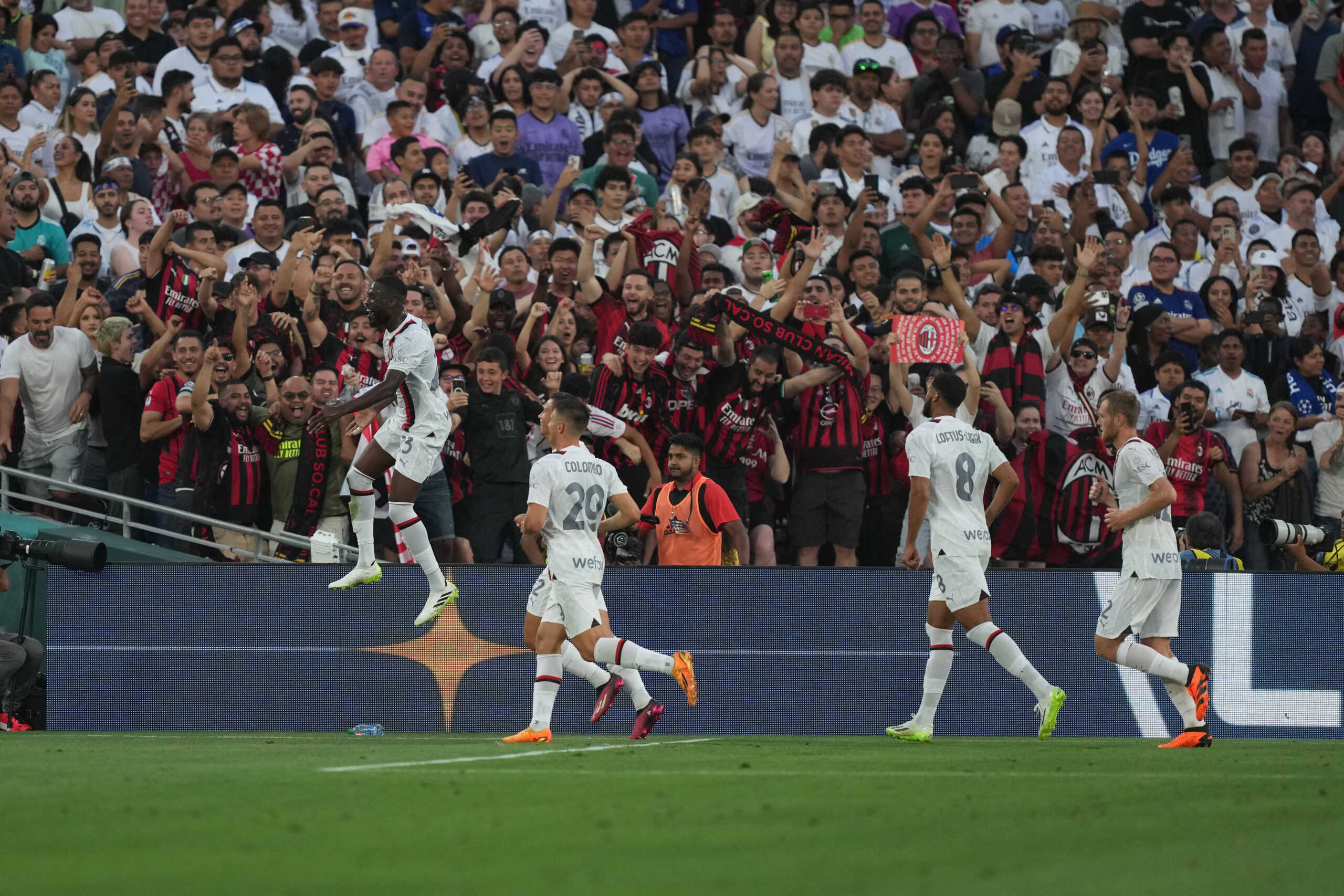 Jul 23, 2023; Pasadena, California, USA; AC Milan defender Fikayo Tomori (23) celebrates after scoring a goal against Real Madrid in the first half at the Rose Bowl. Mandatory Credit: Kirby Lee-USA TODAY Sports