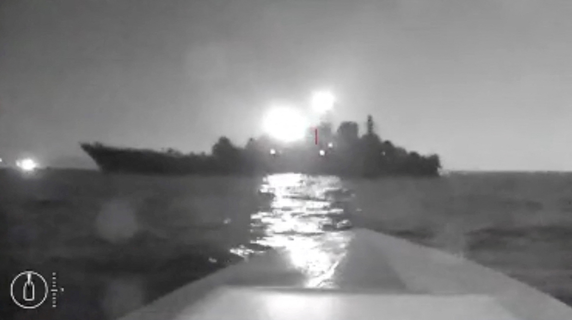 A sea drone shows the silhouette of Olenegorsky Gornyak ship near the port of Novorossiysk, Russia, in this screengrab obtained from social media video released on August 4, 2023. Video obtained by Reuters