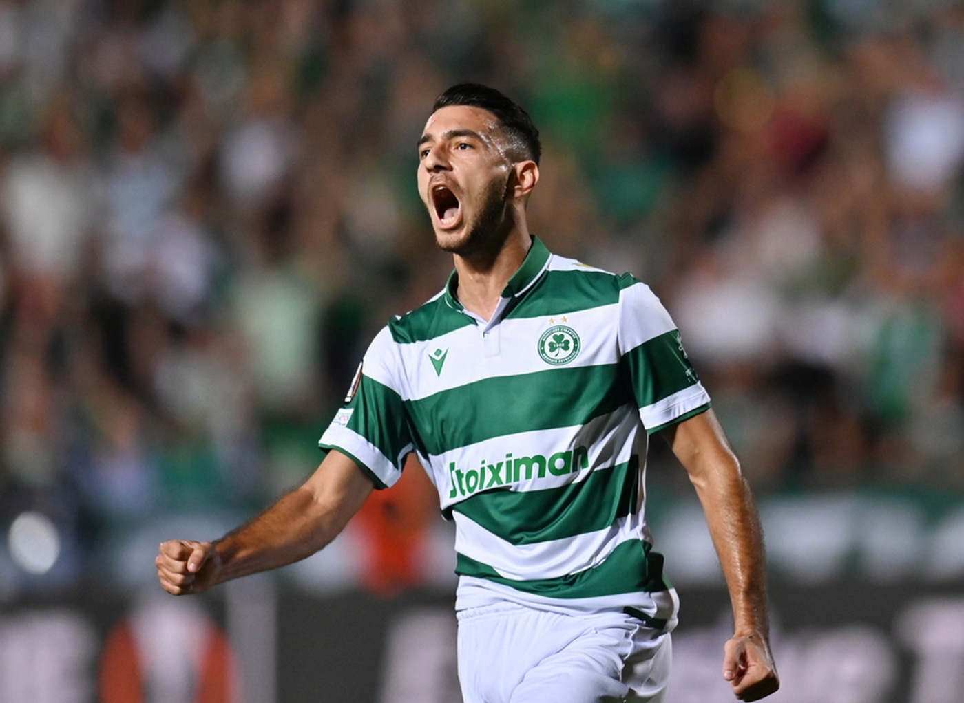 epa10227733 Omonoia's player Nikolaos Panagiotou  celebrates after scoring a goal during the UEFA Europa League group E soccer match between Omonoia and Manchester United at GSP stadium in Nicosia, Cyprus, 06 October 2022.  EPA