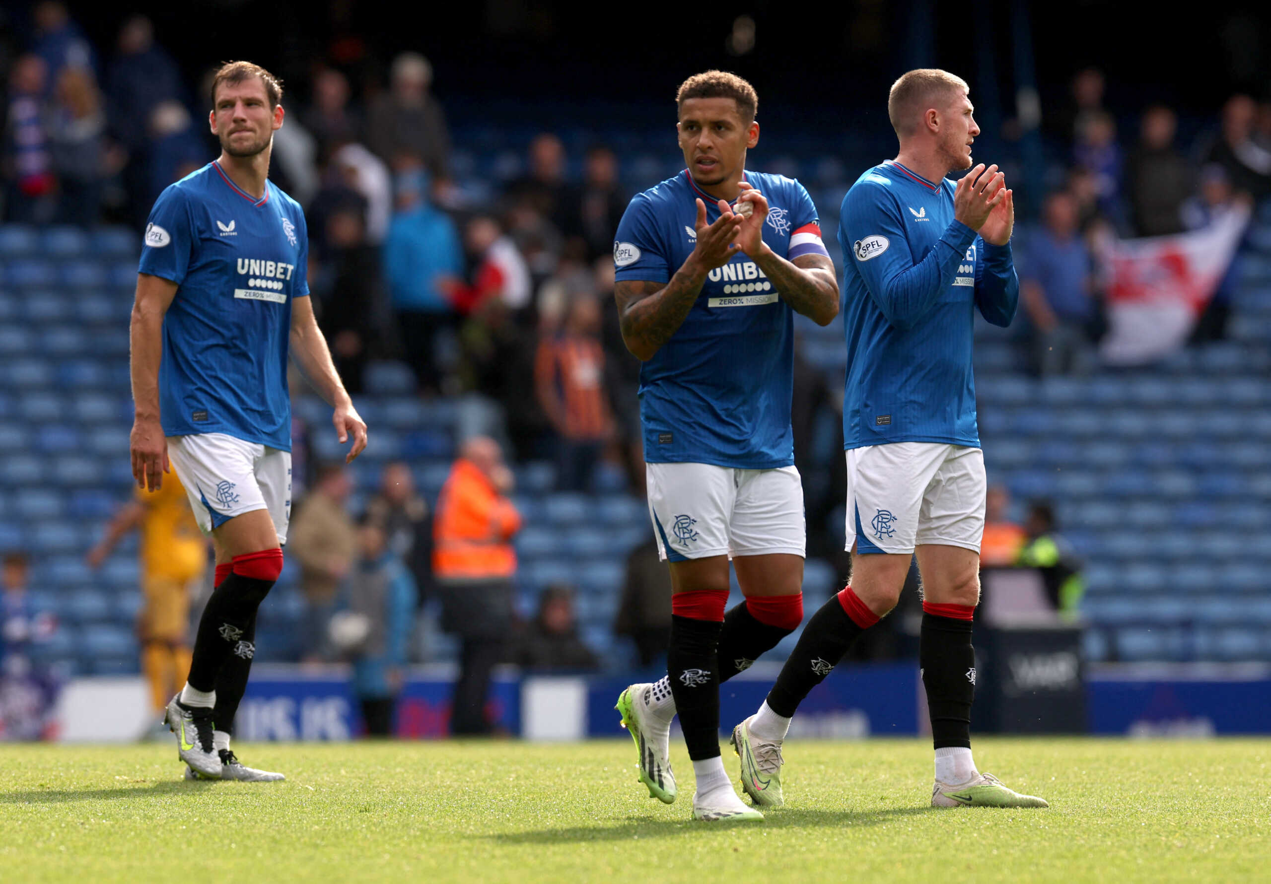Soccer Football - Scottish Premiership - Rangers v Livingston - Ibrox, Glasgow, Scotland, Britain - August 12, 2023 Rangers' James Tavernier applauds the fans after the match REUTERS