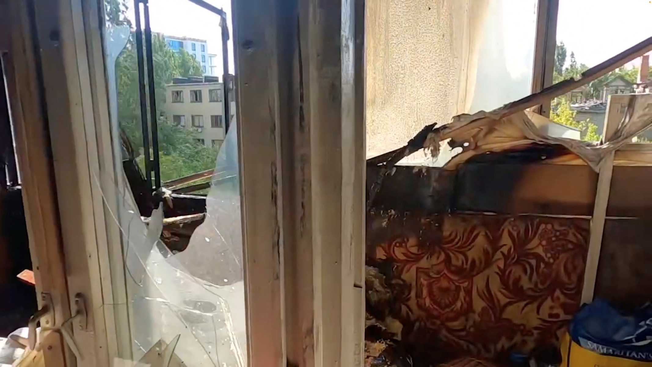 Interior view of a heavily damaged apartment after what officials say was a Russian overnight shelling in Kherson, Ukraine August 7, 2023 in this still image obtained from social media video. Telegram