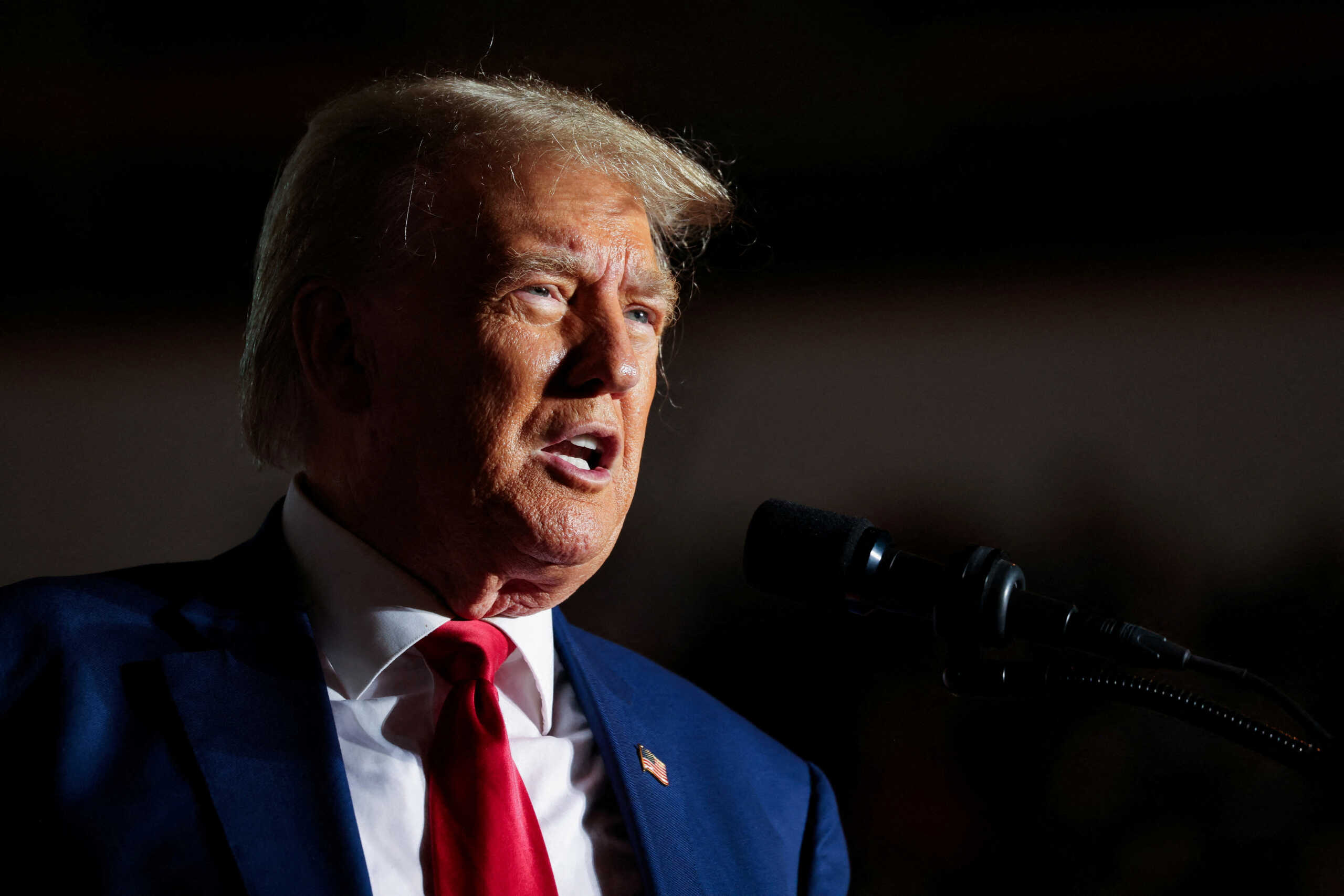 FILE PHOTO: Former U.S. President and Republican presidential candidate Donald Trump speaks during a campaign rally in Erie, Pennsylvania, U.S., July 29, 2023. REUTERS