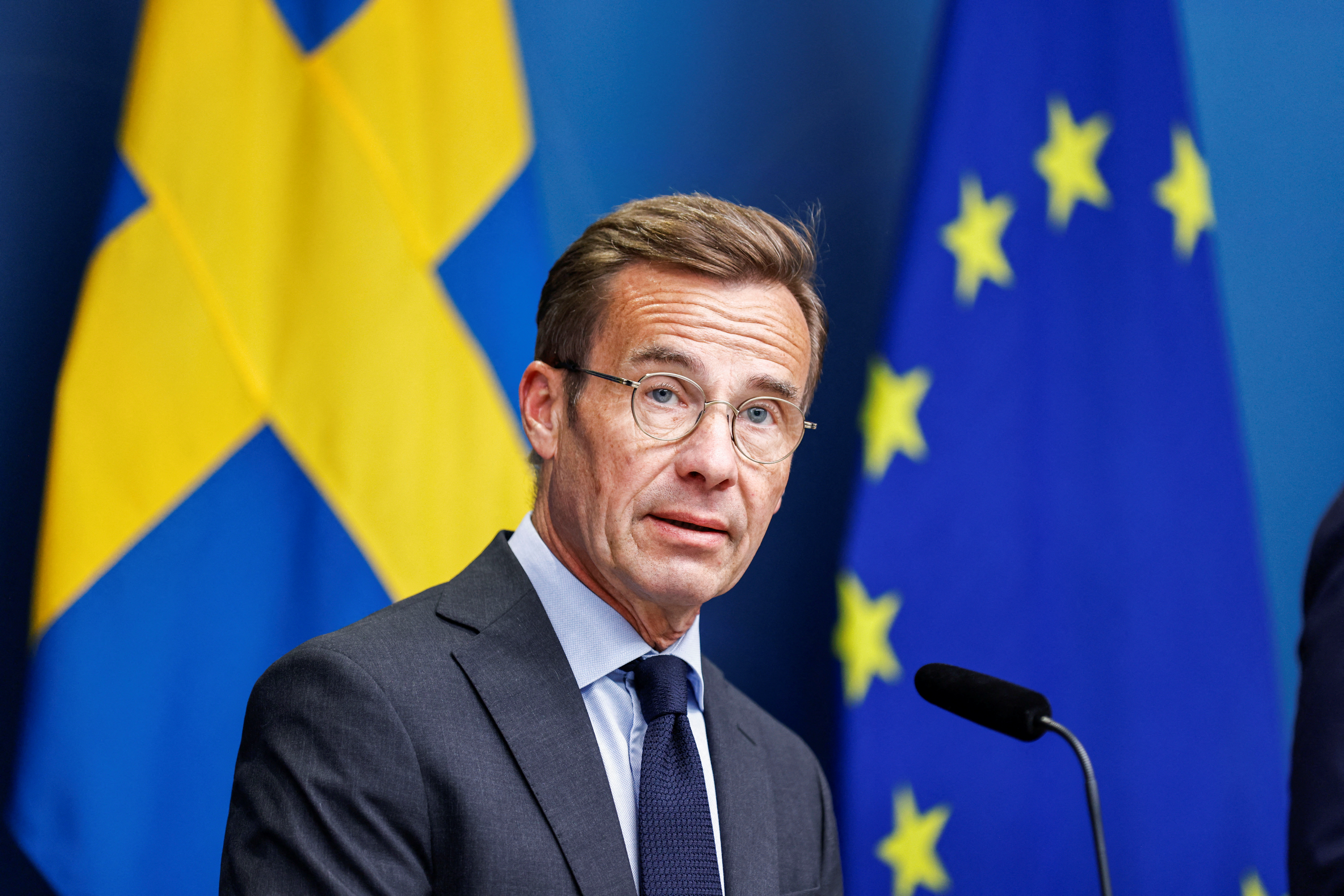 Prime Minister Ulf Kristersson during a press meeting regarding the security policy situation where they presented measures to protect Swedish citizens on Tuesday 1 August, 2023. TT News Agency