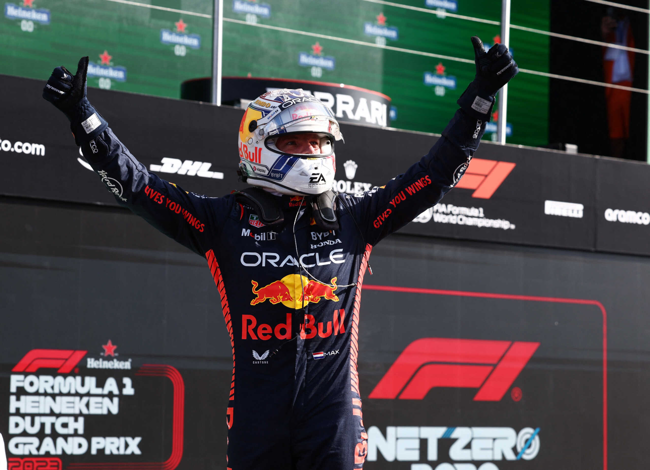 Formula One F1 - Dutch Grand Prix - Circuit Zandvoort, Zandvoort, Netherlands - August 26, 2023 Red Bull's Max Verstappen celebrates after qualifying in pole position REUTERS