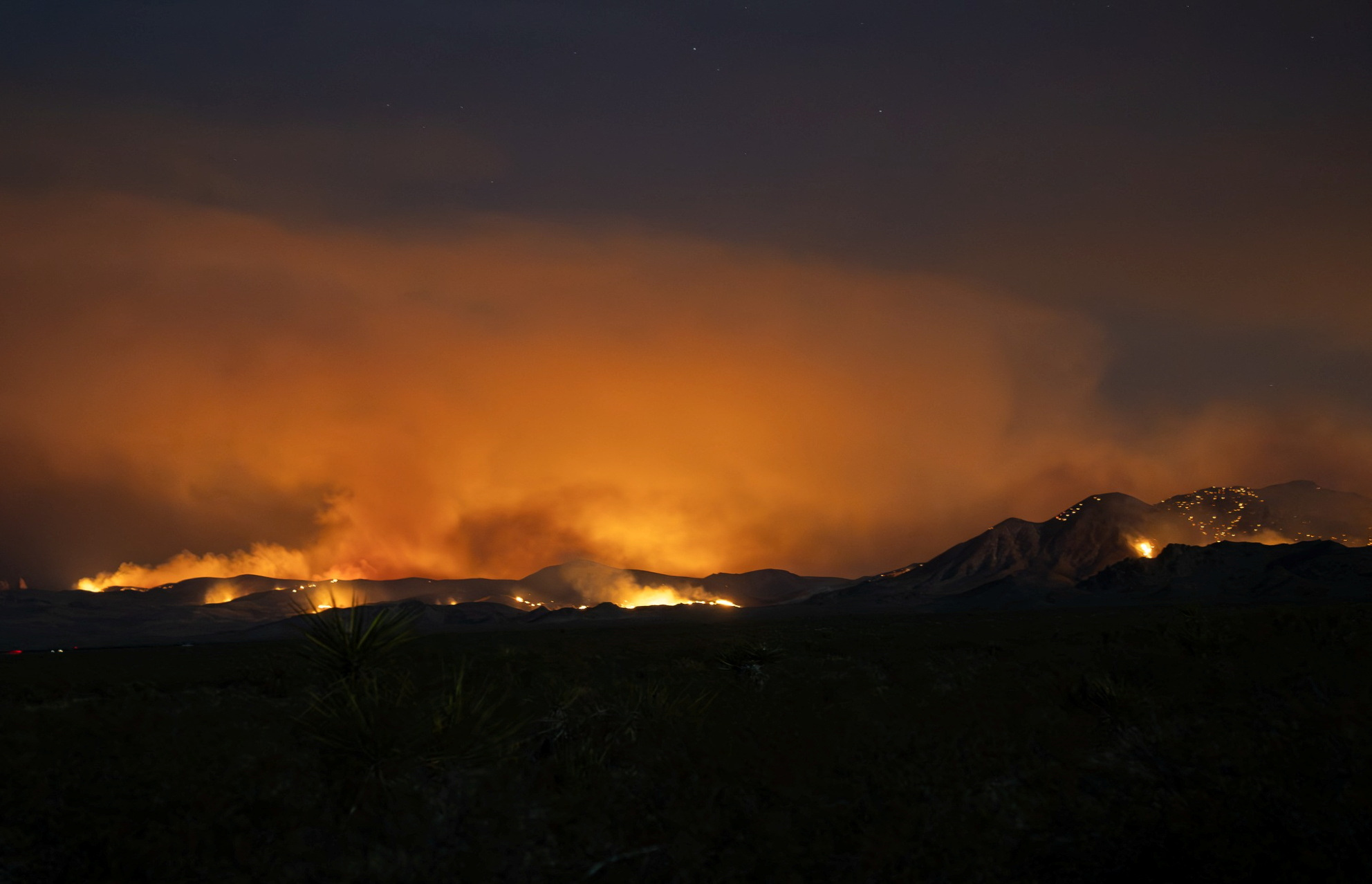 A general view shows the York Fire, in San Bernardino County, California, U.S., July 30, 2023, in this picture obtained from social media. Mojave National Preserve