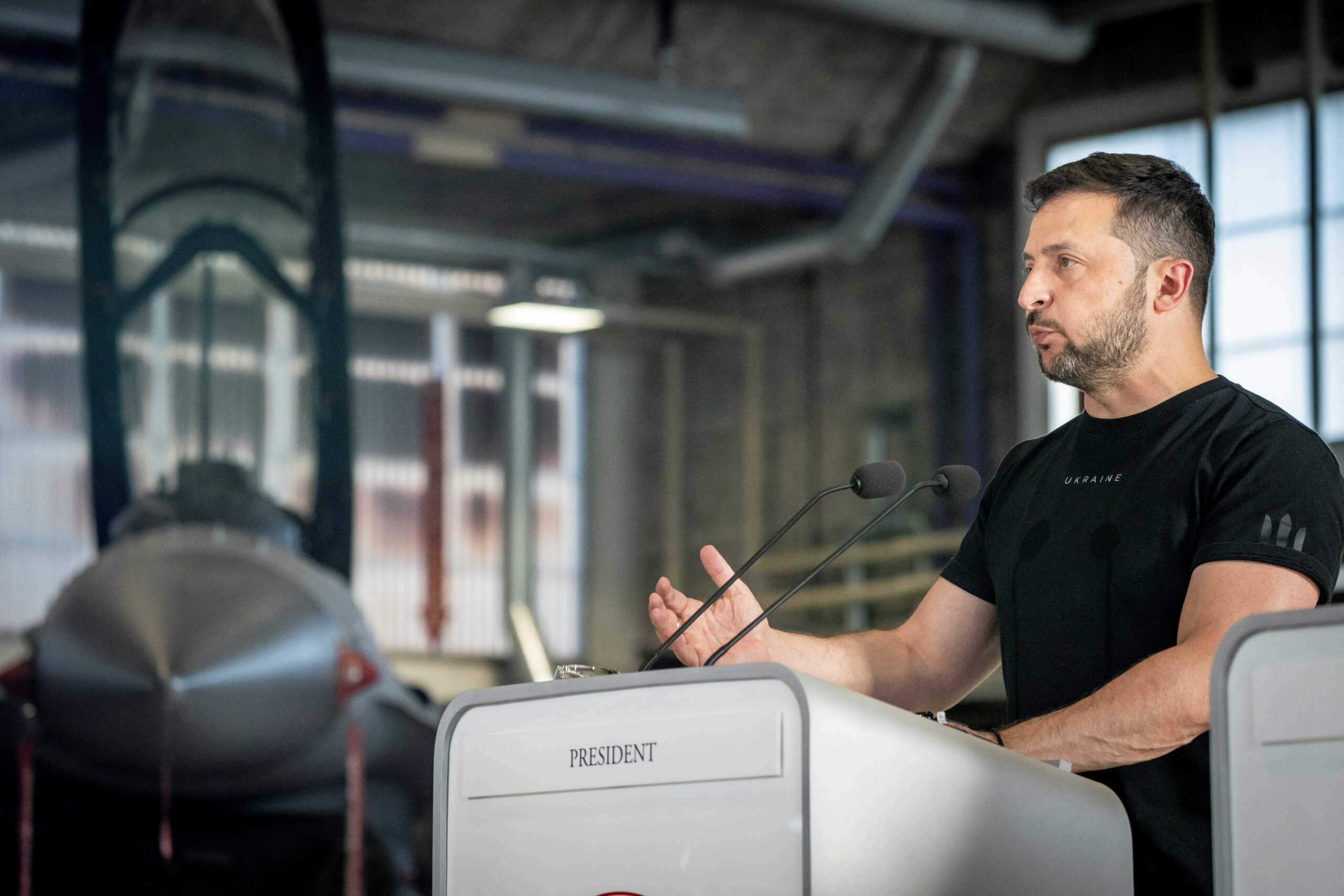 Ukrainian President Volodymyr Zelenskiy speaks during a press conference at Skrydstrup Airbase in Vojens, Denmark, August 20, 2023.  Ritzau Scanpix