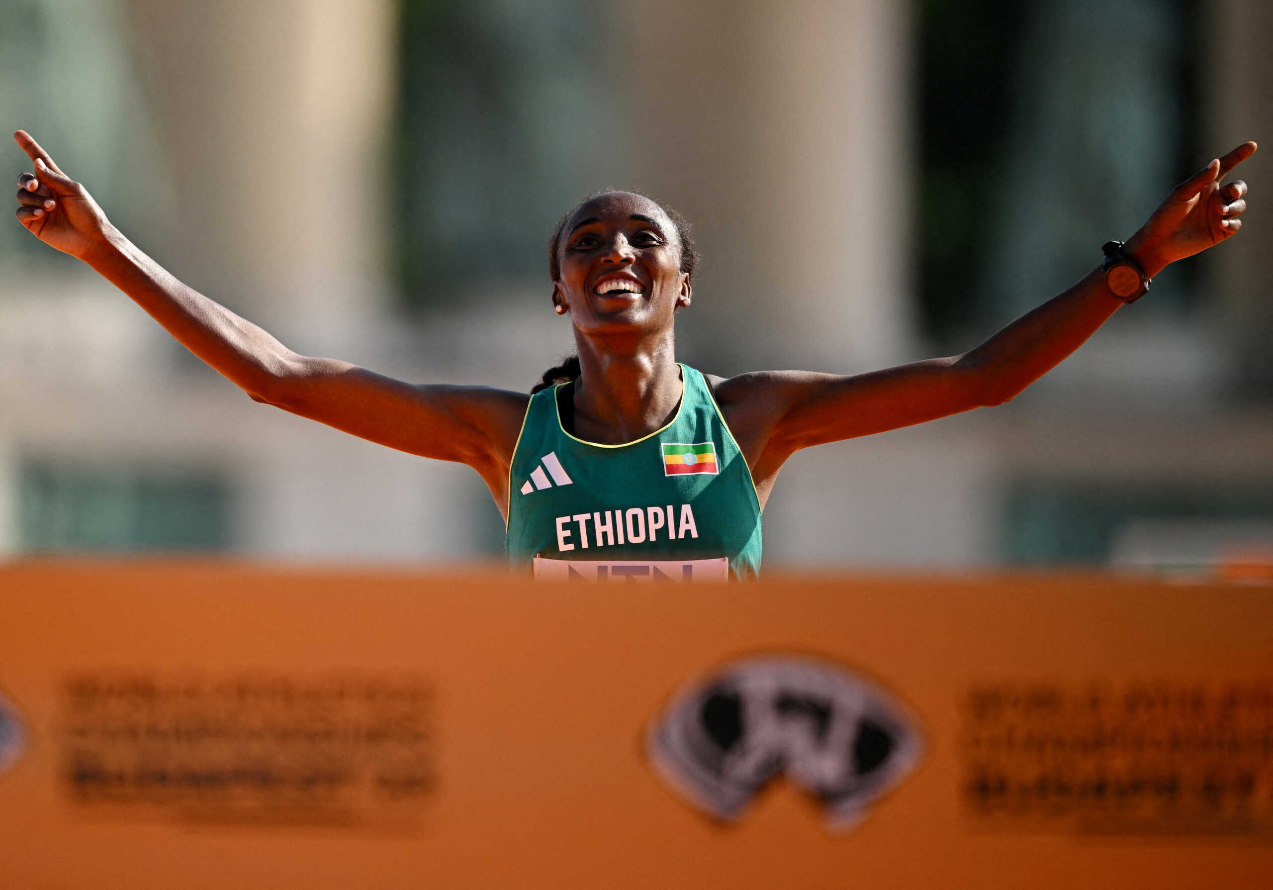 Athletics - World Athletics Championship - Women's Marathon - National Athletics Centre, Budapest, Hungary - August 26, 2023 Ethiopia's Amane Beriso Shankule crosses the line to win the women's marathon final REUTERS