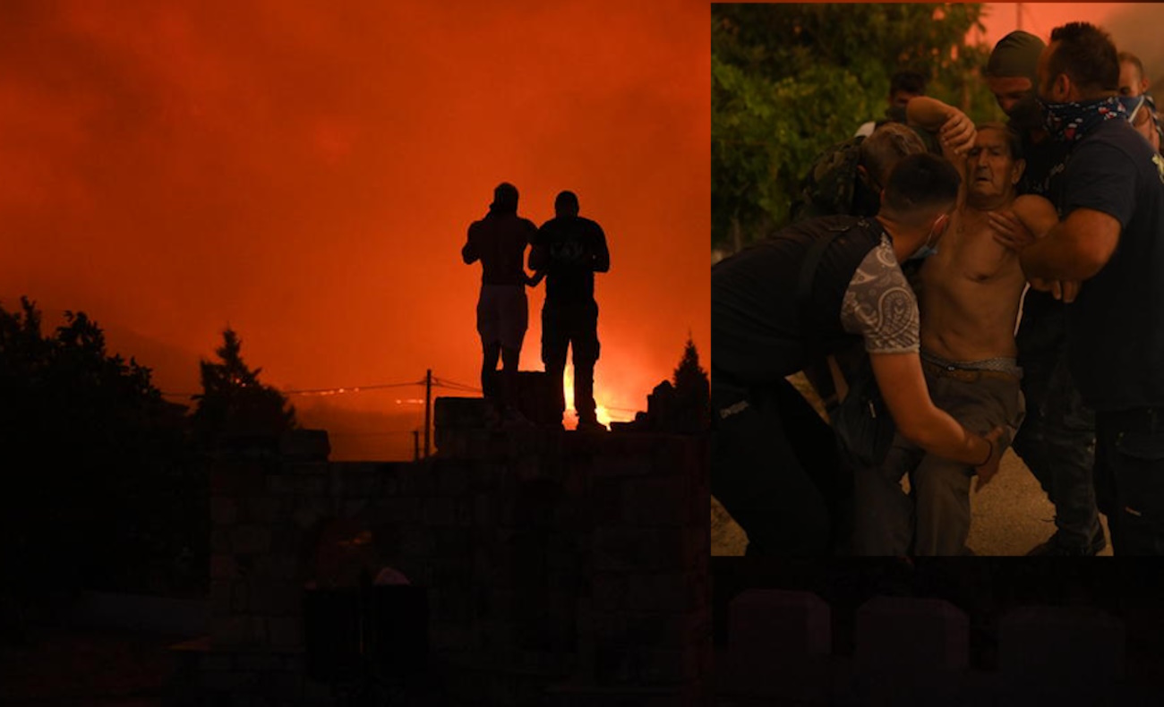 Δυο πολίτες παρακολουθούν την φωτιά στο χωριό Άβαντας μετά την εντολή εκκένωσης, στην Αλεξανδρούπολη, τη Δευτέρα 21 Αυγούστου 2023.  Για τρίτη μέρα συνεχίζεται με αμείωτη ένταση η μεγάλη πυρκαγιά στην Αλεξανδρούπολη, η οποία, σύμφωνα με την Πυροσβεστική, είναι εξαιρετικά δύσκολο να ελεγχθεί, λόγω των ισχυρών ανέμων που πνέουν συνεχώς στην περιοχή. Το μεγάλο πρόβλημα εντοπίζεται σε δύο κύρια μέτωπα και κυρίως σε μια μεγάλη αναζωπύρωση που υπάρχει από το πρωί και εξελίσσεται τώρα  βορειοδυτικά της Νίψας, πάνω από την Εγνατία Οδό. Στο μέτωπο αυτό η φωτιά καίει δάσος κοντά σε ανεμογεννήτριες, ενώ ο αέρας  αλλάζει συνεχώς κατεύθυνση δημιουργώντας εξαιρετικά δύσκολες συνθήκες. Το δεύτερο μεγάλο μέτωπο είναι το ανατολικό, που εκτείνεται προς το χωριό Μοναστηράκι, νοτίως του Δορίσκου, που έχουν εκκενωθεί από χτες.  Το μέτωπο προς τις παρυφές της Αλεξανδρούπολης από χτες είναι σε ύφεση. ΑΠΕ-ΜΠΕ