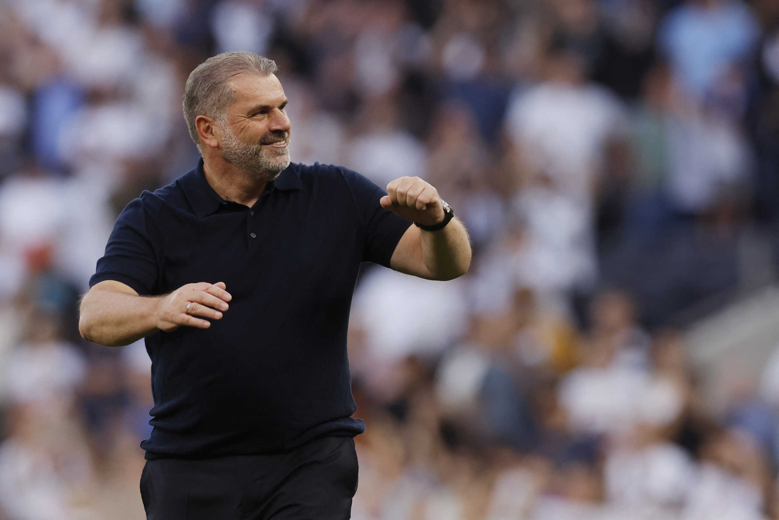 Soccer Football - Premier League - Tottenham Hotspur v Manchester United - Tottenham Hotspur Stadium, London, Britain - August 19, 2023 Tottenham Hotspur manager Ange Postecoglou celebrates after the match Action Images via Reuters