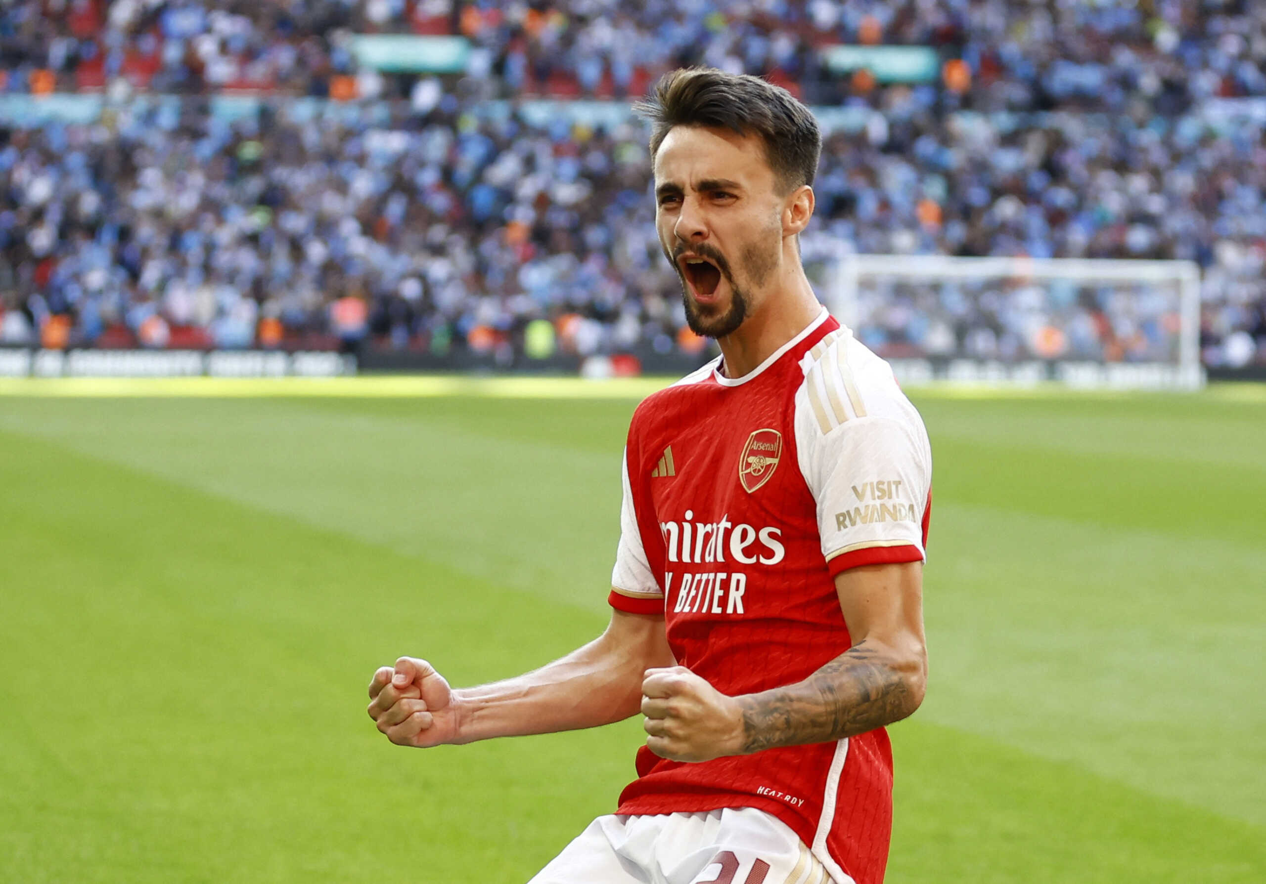 Soccer Football - Community Shield - Manchester City v Arsenal - Wembley Stadium, London, Britain - August 6, 2023  Arsenal's Fabio Vieira celebrates scoring a penalty during the penalty shootout to win the Community Shield Action Images via Reuters