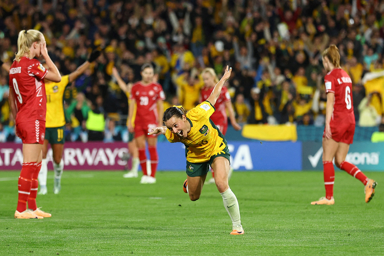 Soccer Football - FIFA Women’s World Cup Australia and New Zealand 2023 - Round of 16 - Australia v Denmark - Stadium Australia, Sydney, Australia - August 7, 2023
Australia's Hayley Raso celebrates scoring their second goal REUTERS
