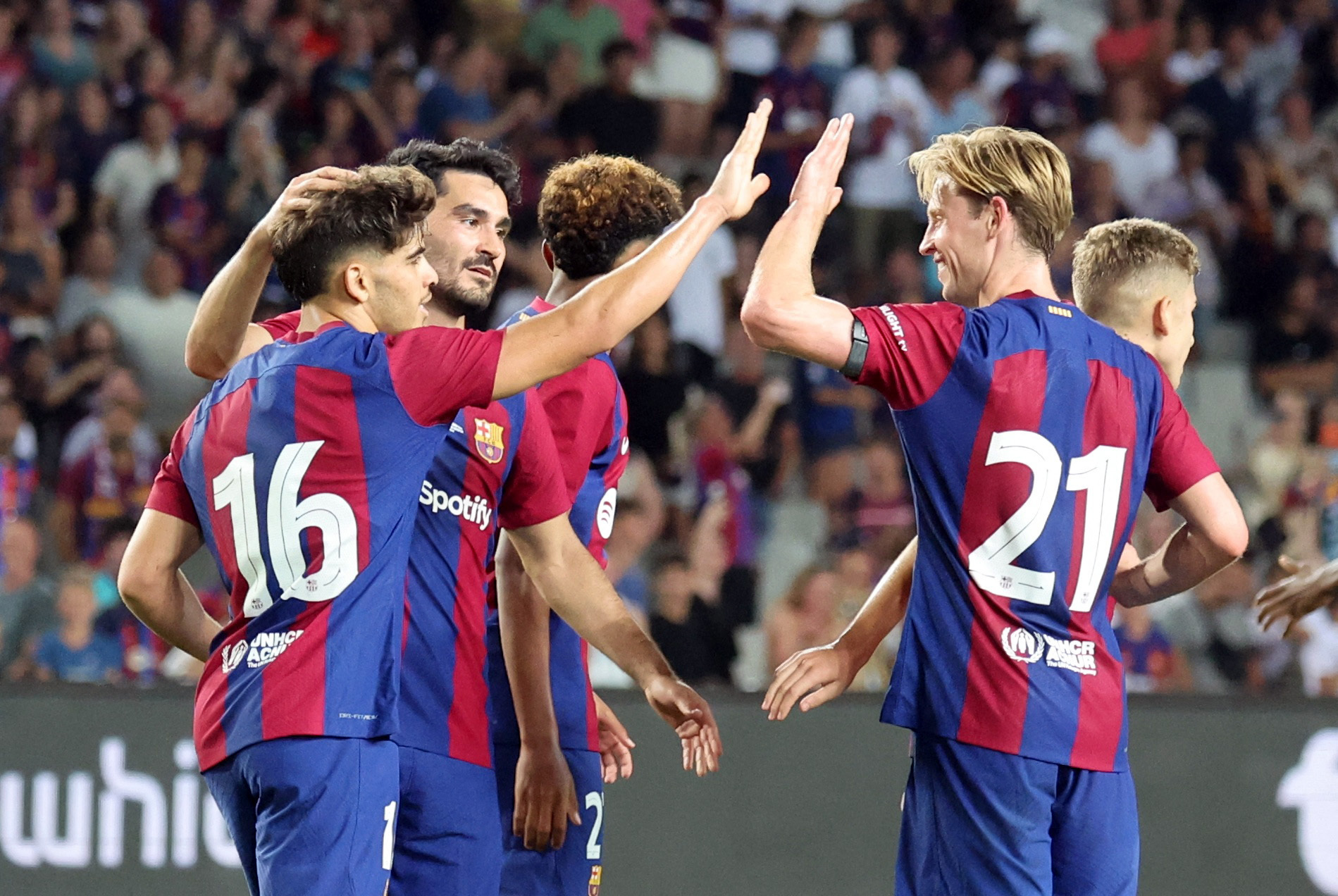 Soccer Football - Friendly - Joan Gamper Trophy - FC Barcelona v Tottenham Hotspur - Estadi Olimpic Lluis Companys, Barcelona, Spain - August 8, 2023 FC Barcelona's Abde Ezzalzouli celebrates scoring their fourth goal with teammates REUTERS