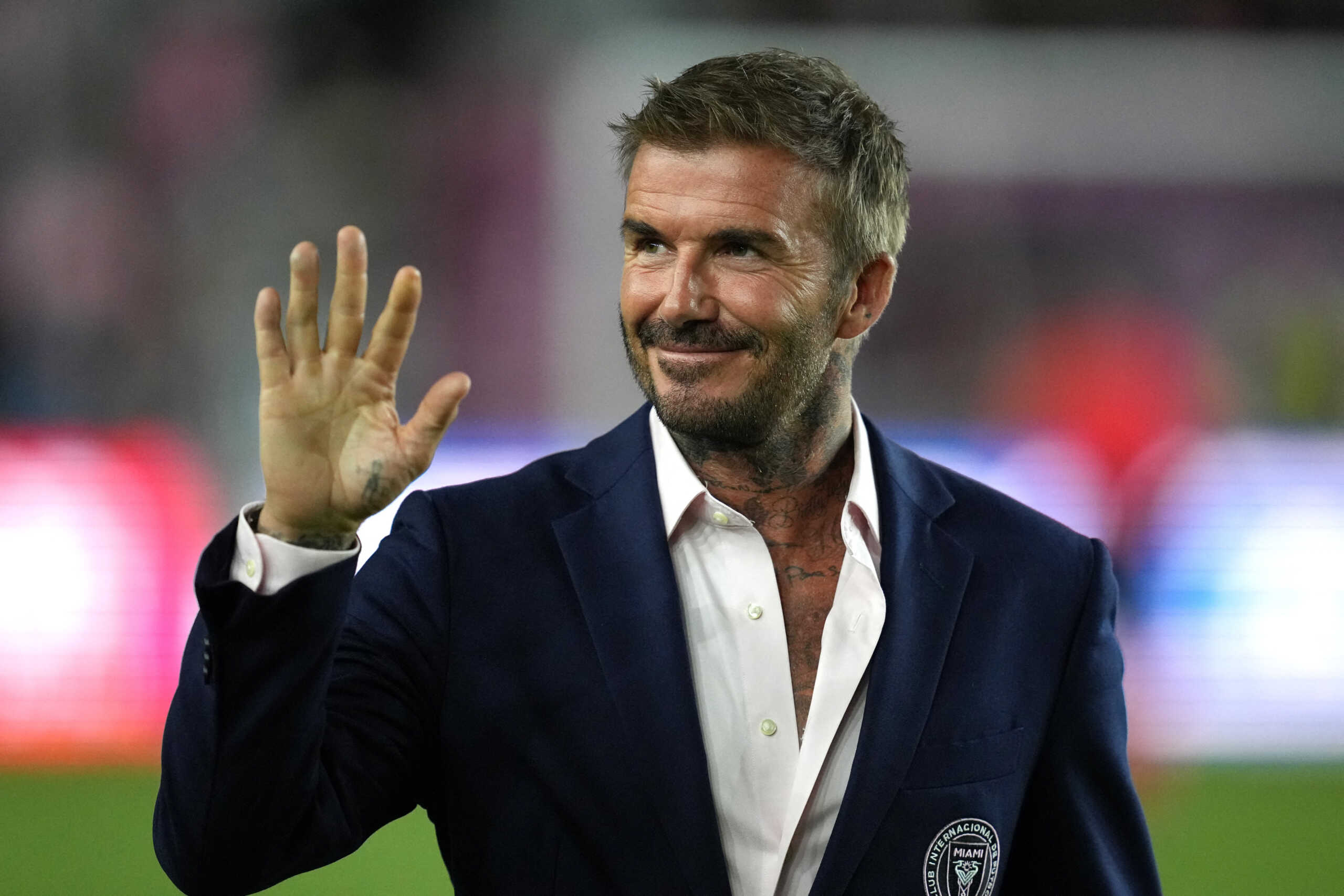Aug 2, 2023; Fort Lauderdale, FL, USA; Inter Miami CF co-owner David Beckham waves before the match against Orlando City SCat DRV PNK Stadium. Mandatory Credit: Jim Rassol-USA TODAY Sports
