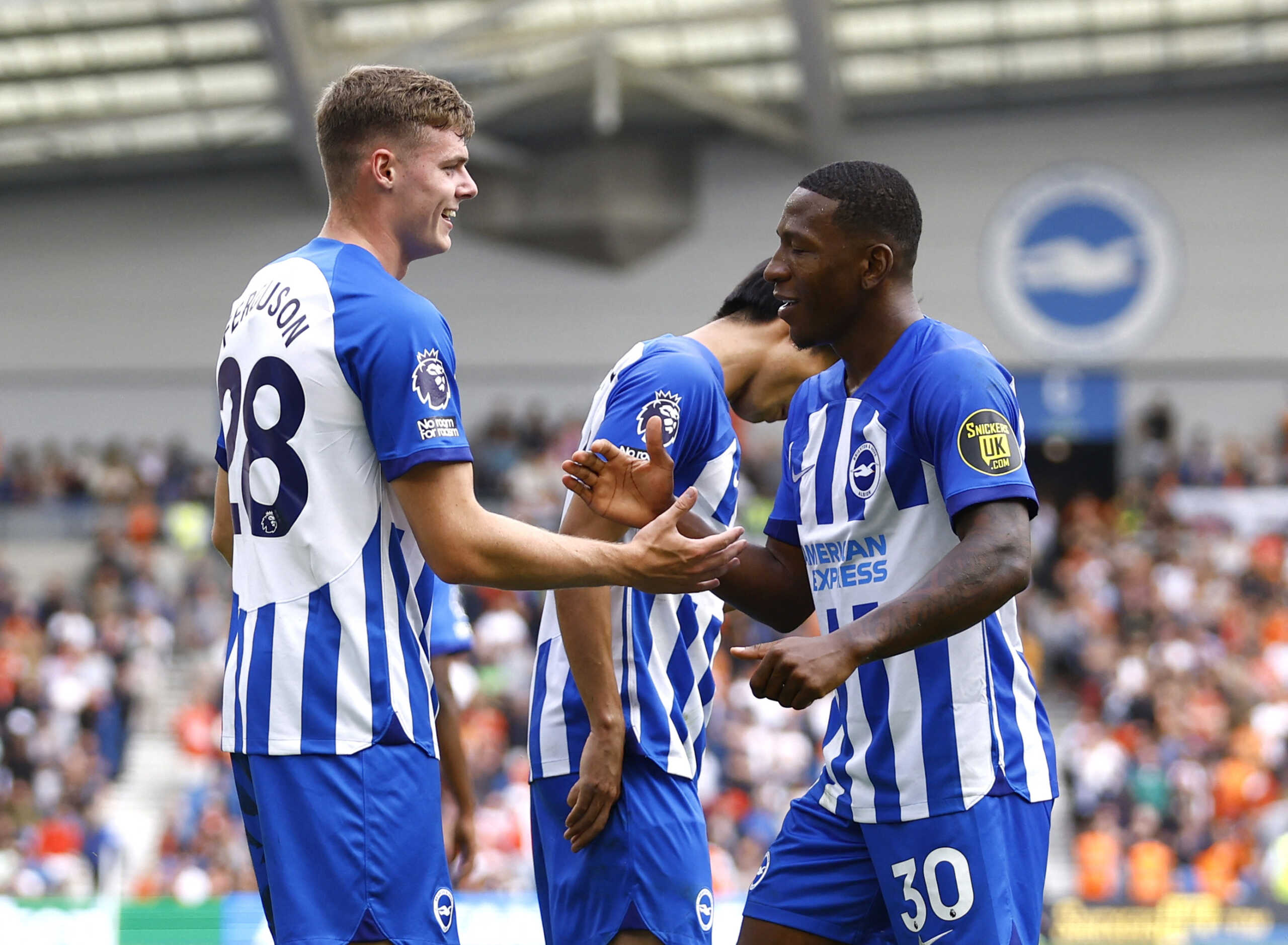 Soccer Football - Premier League - Brighton & Hove Albion v Luton Town - The American Express Community Stadium, Brighton, Britain - August 12, 2023 Brighton & Hove Albion's Evan Ferguson celebrates scoring their fourth goal with Pervis Estupinan Action Images via Reuters