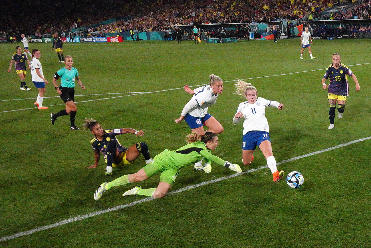 Soccer Football - FIFA Women’s World Cup Australia and New Zealand 2023 - Quarter Final - England v Colombia - Stadium Australia, Sydney, Australia - August 12, 2023
England's Lauren Hemp scores their first goal 
Lars Baron