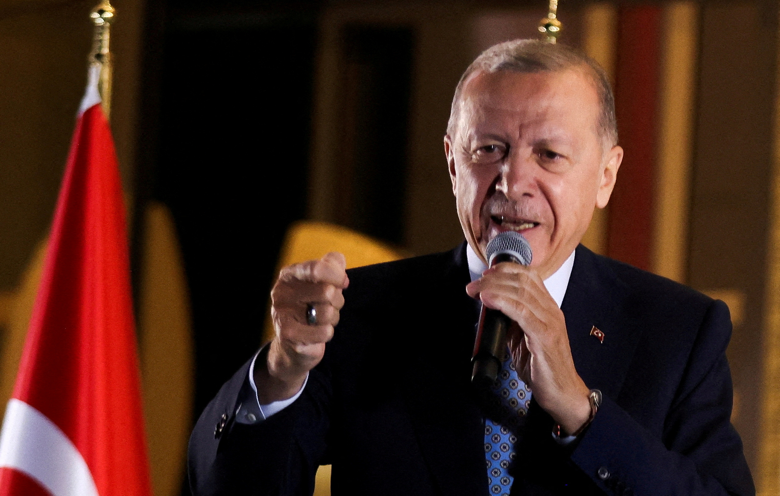 FILE PHOTO: Turkish President Tayyip Erdogan addresses supporters at the Presidential Palace after his victory in the second round of the presidential election, Ankara, Turkey, May 29, 2023. REUTERS