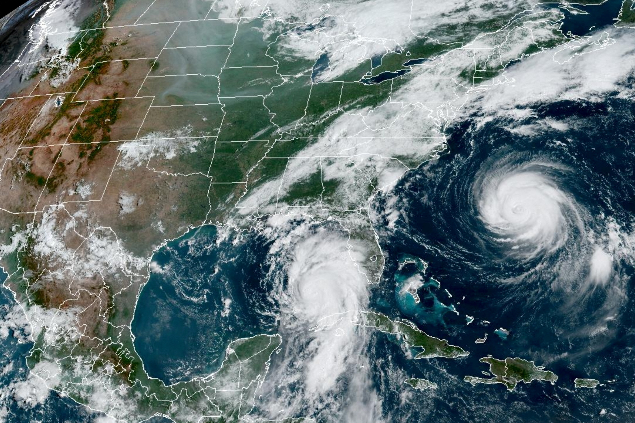 Hurricane Idelia makes its way to Florida's west coast as Hurricane Franklin approaches near Bermuda  in a composite image from the National Oceanic and Atmospheric Administration (NOAA) GOES-East weather satellite August 29, 2023. NOAA