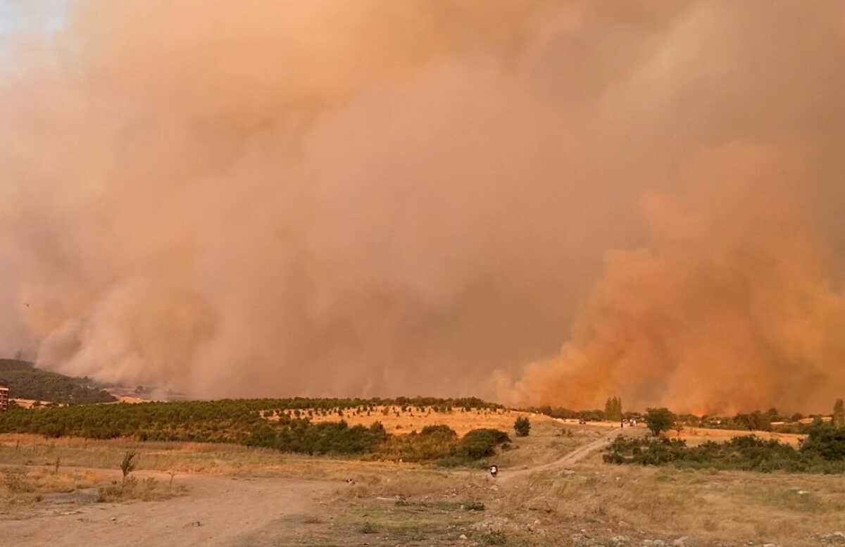 Smoke rises from burning wildfire in Canakkale, Turkey August 22, 2023 in this still image obtained from social media video. Atakan Uslu - Onedio