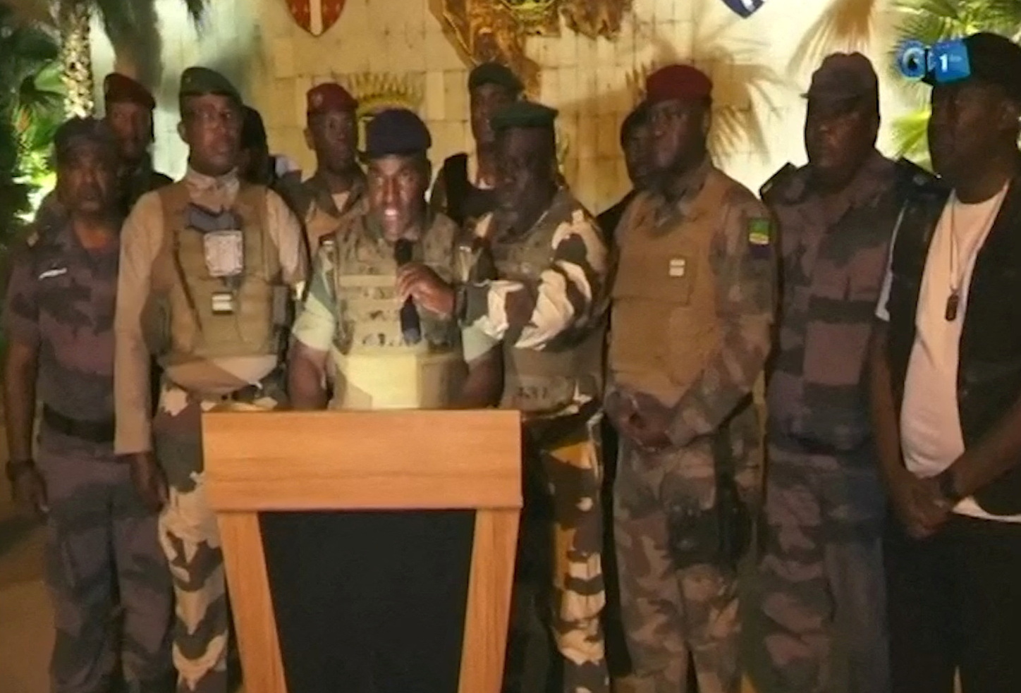 Gabonese military appear on television as they announce that they have seized power following President Ali Bongo Ondimba's re-election, in this screengrab obtained by Reuters on August 30, 2023. Gabon 1ere