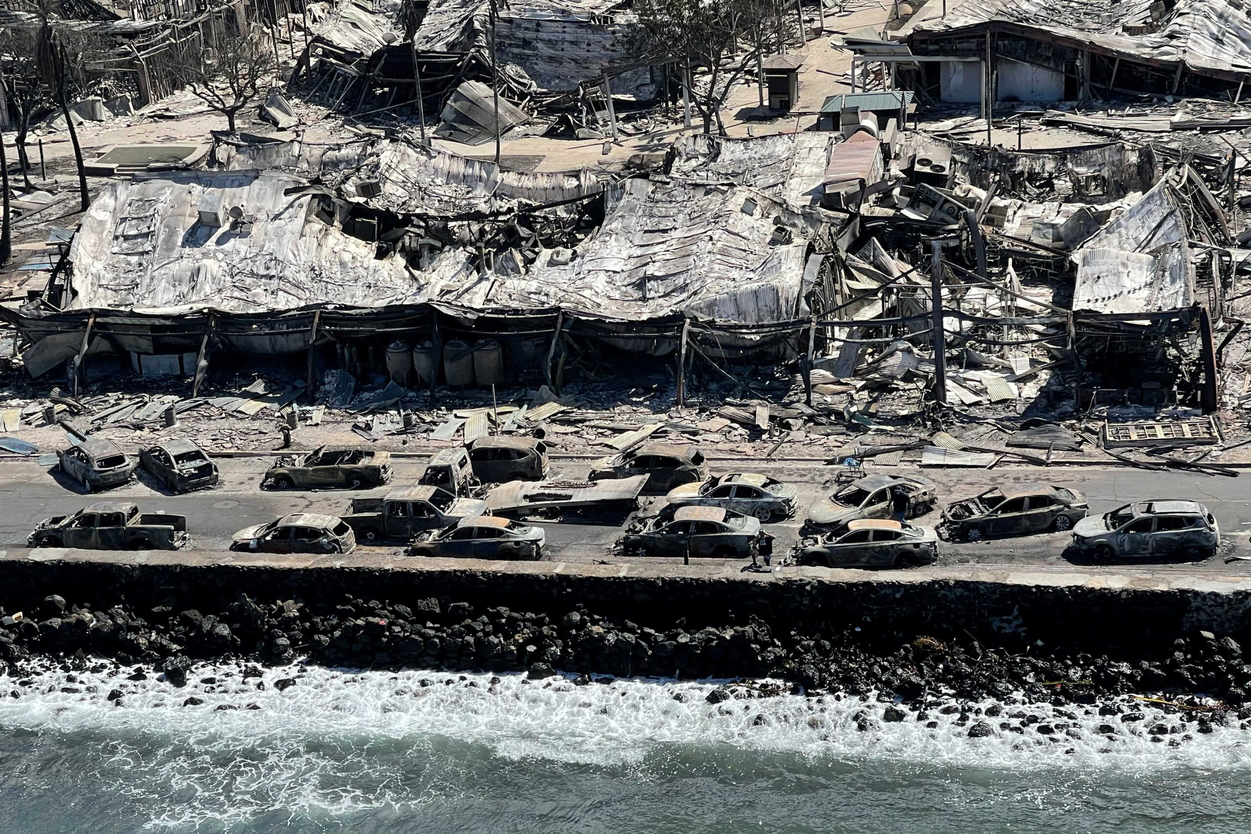 The shells of burned houses and buildings are left after wildfires driven by high winds burned across most of the town in Lahaina, Maui, Hawaii, U.S. August 11, 2023. Hawai'i Department of Land and Natural Resources