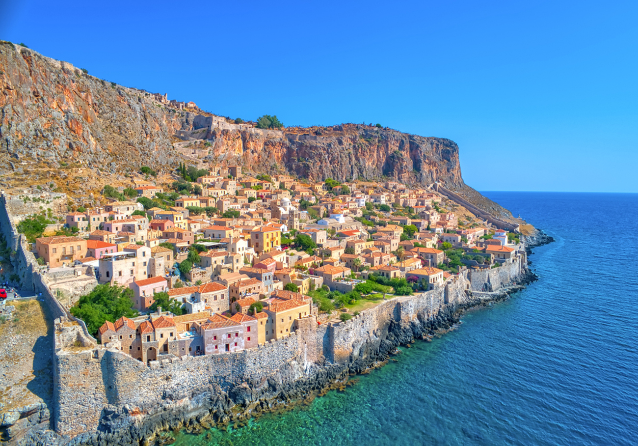 Aerial view of the old town of Monemvasia in Lakonia of Peloponnese, Greece. Monemvasia is often called "The Greek Gibraltar".