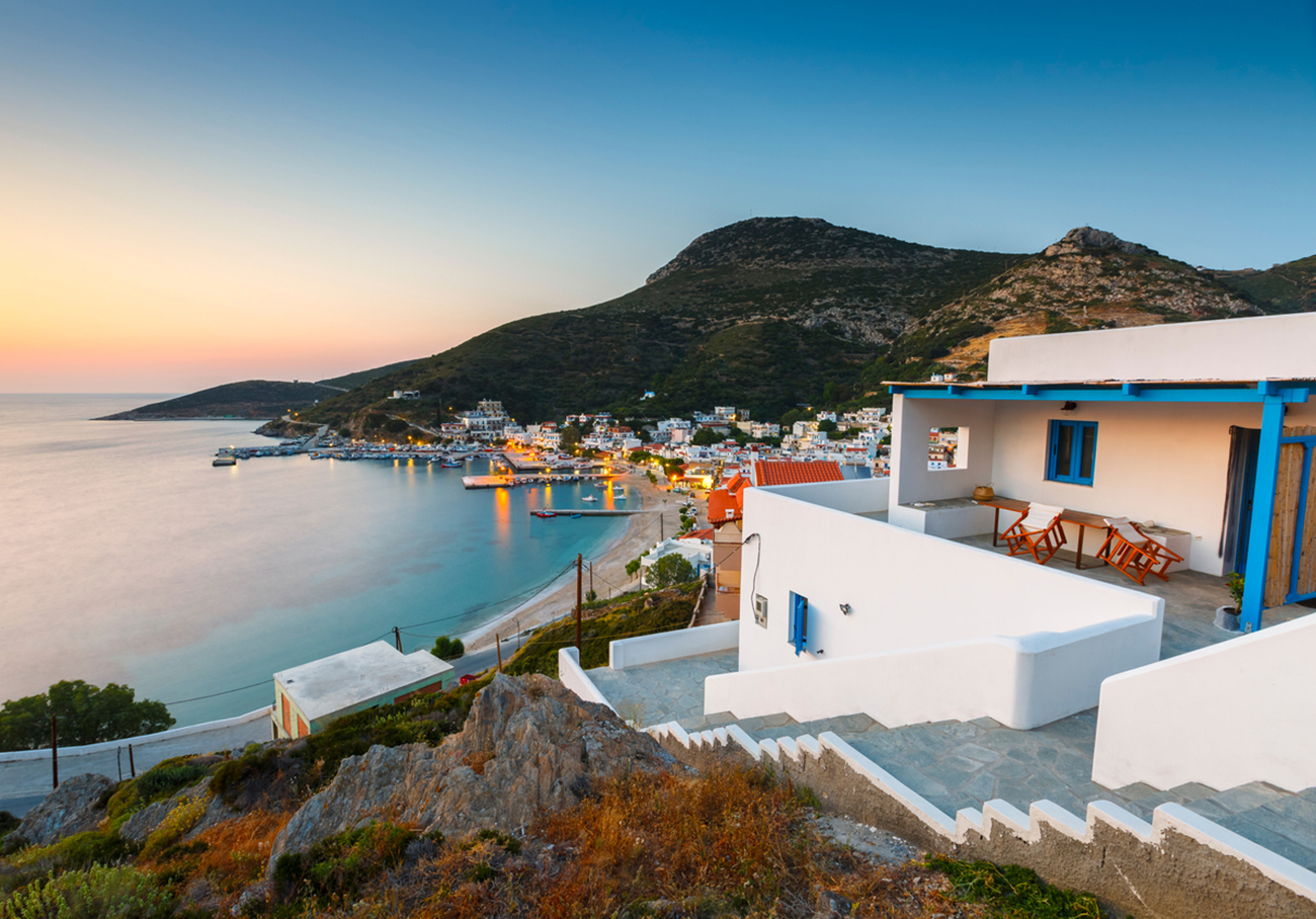 View of Fourni town and its harbour on a spring evening, Greece. in Fourni, Greece