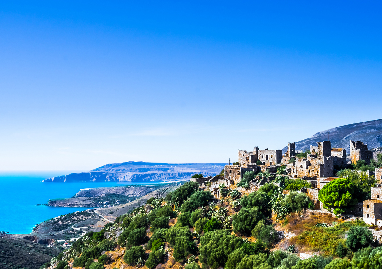 View on Old tower houses in village Vathia on Mani, Peloponnese Greece