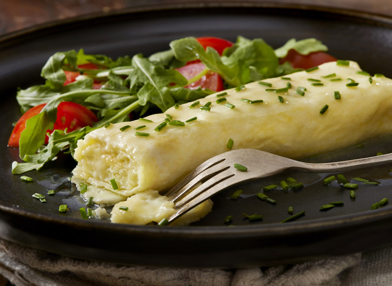 Light and Fluffy Classic Buttery French Omelette and an Arugula and Tomato Salad