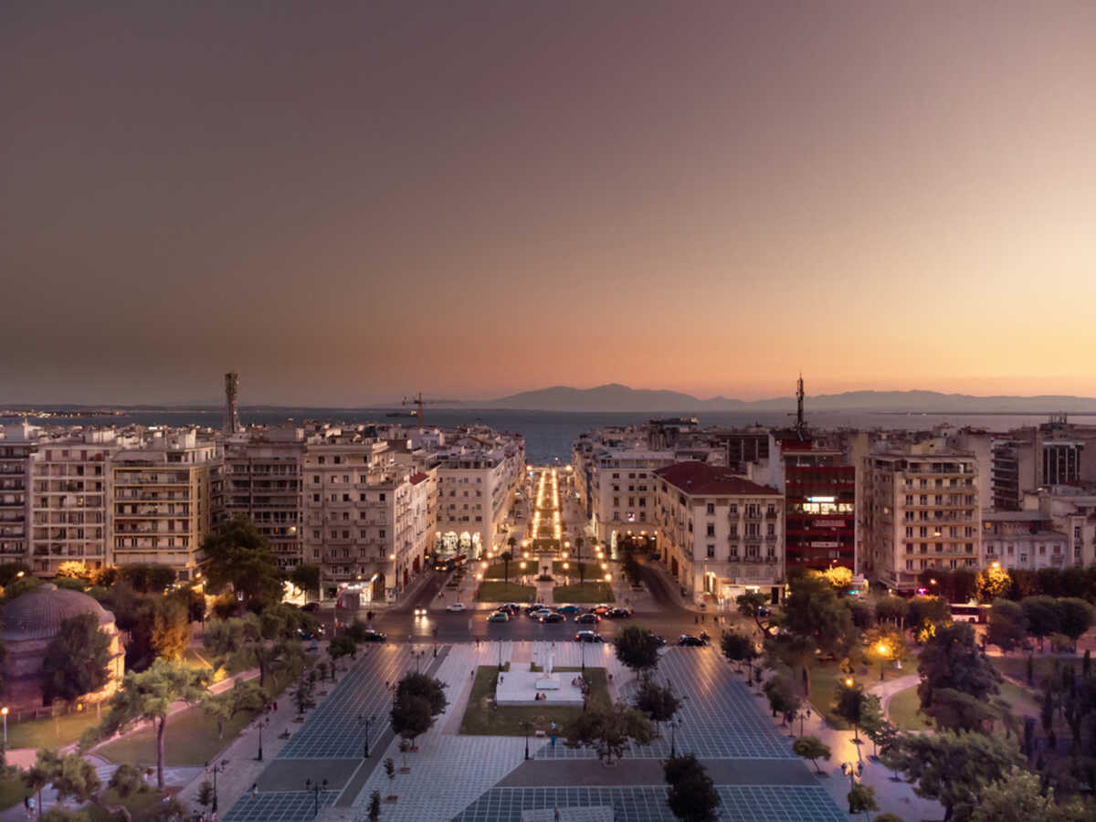 Panoramic aerial photo of Thessaloniki and Aristotelous Square at summer at twilight - dusk